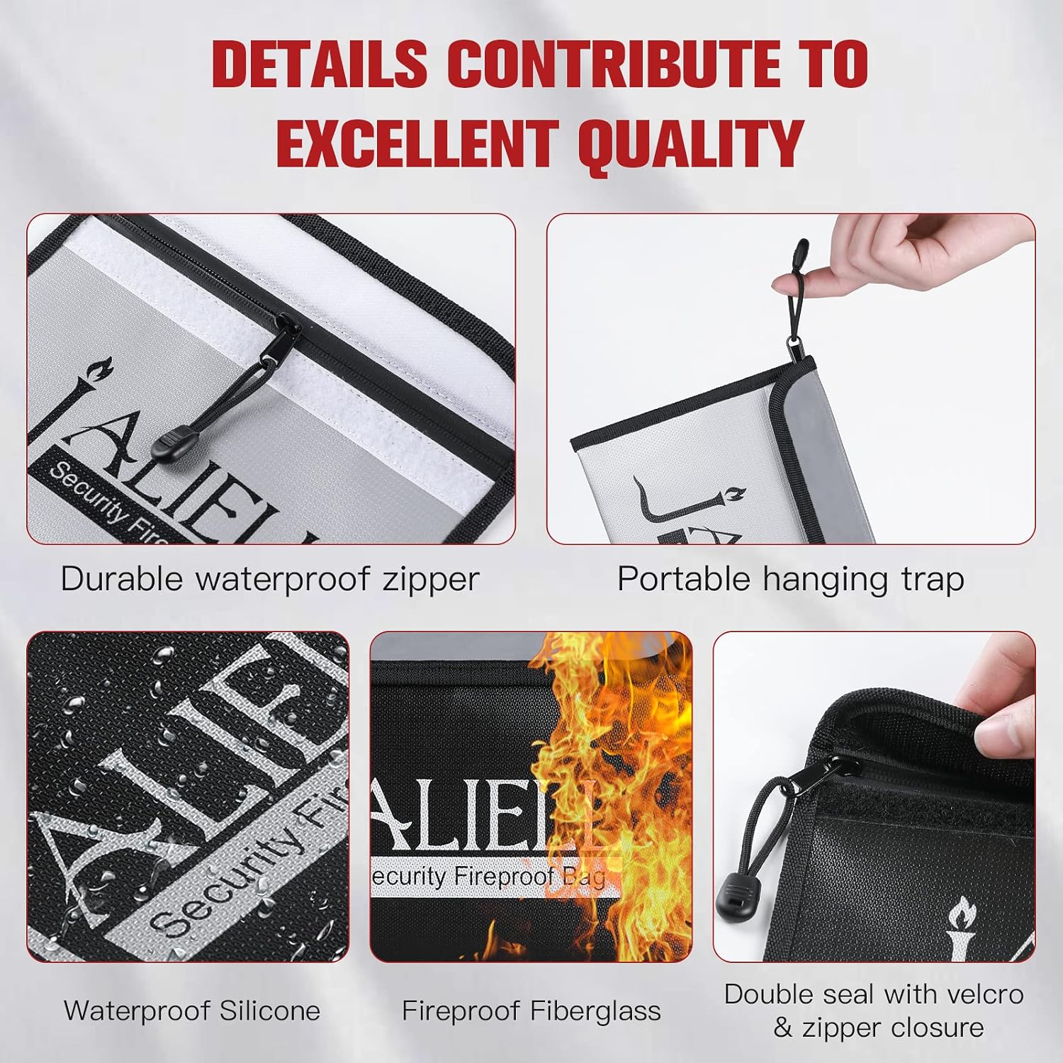 2 Pack Fireproof Money Bag (9.5x6.5''), Non-itchy Waterproof Fireproof Bag with Zipper, Small Fire Proof Money Bag for Cash, Valuables, Passport, Currency & Keys (Black & Grey) - Image 5