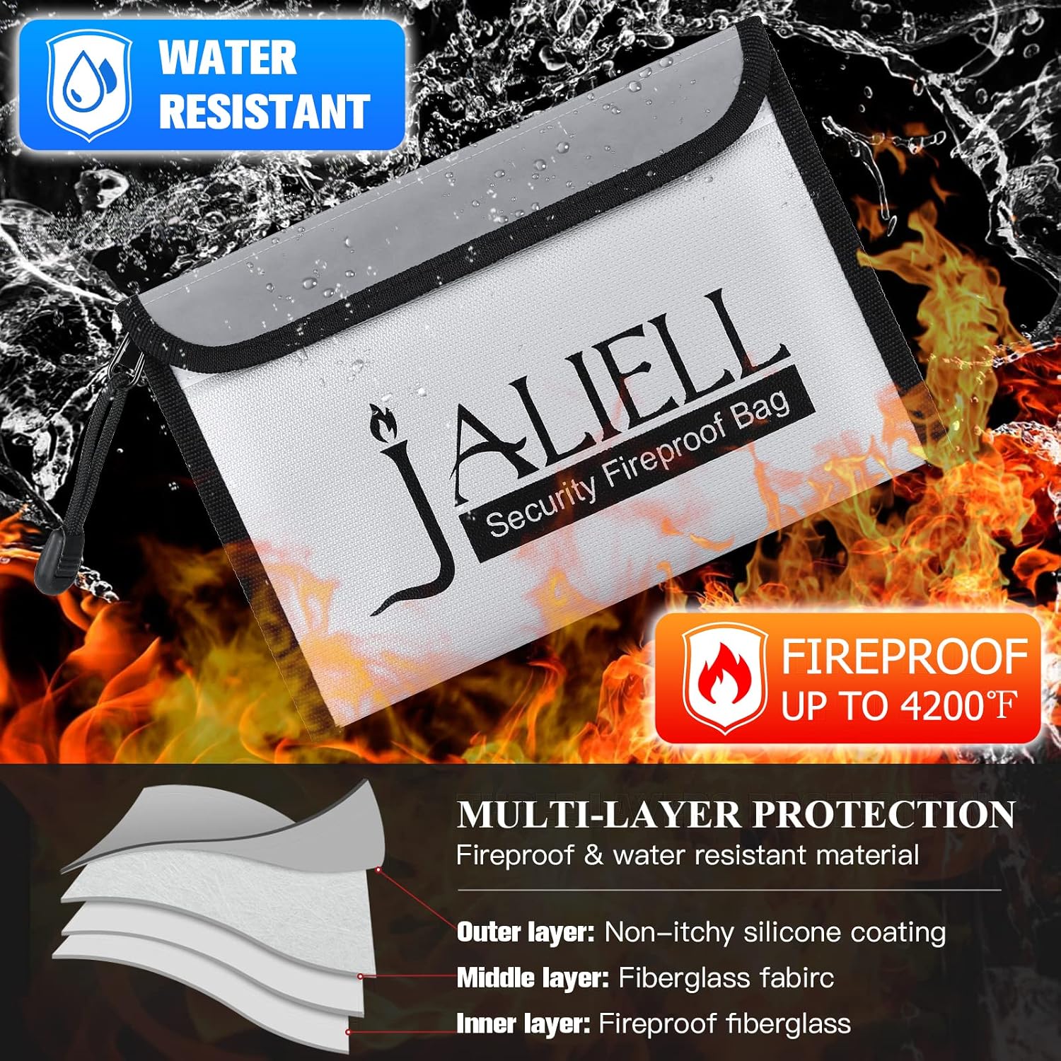 2 Pack Fireproof Money Bag (9.5x6.5''), Non-itchy Waterproof Fireproof Bag with Zipper, Small Fire Proof Money Bag for Cash, Valuables, Passport, Currency & Keys (Black & Grey) - Image 2