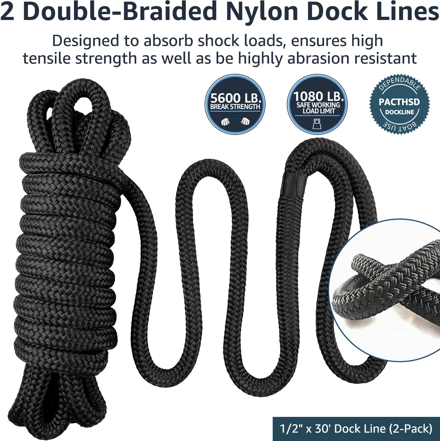 2 Pack 1/2" x 30' Dock Lines - Marine Grade Nylon Boat Rope with 12" Loop for Docking and Mooring - Double Braided Boat Lines, High Strength, Easy Handling, Fray Resistant - Black - Image 2