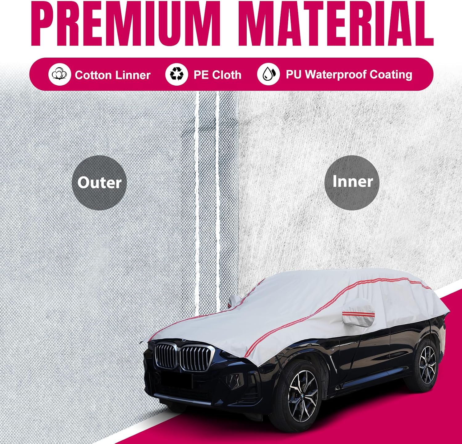 Half Car Cover SUV,Top Cover with Red Reflective Strip, Hail Protector Car Cover with Cotton Liner, Sunroof & Windshield Cover for Ice and Snow, All Weather Car Body Cover for Sun, Rain, Dust - Image 2