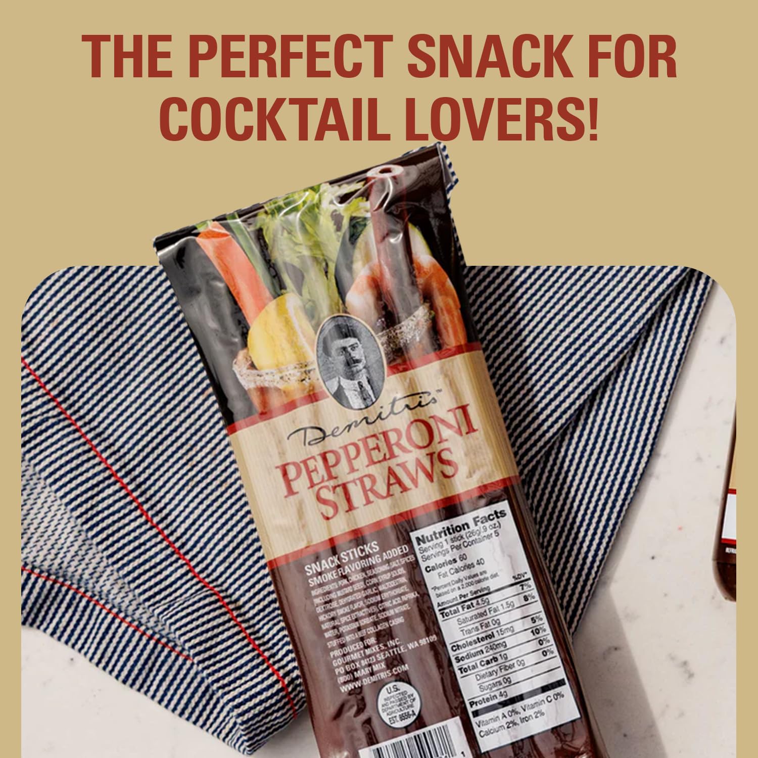Demitri's Bloody Mary Pepperoni Straws, Smoky Edible Made With Pork & Chicken, Cocktail Garnish Snack, Perfect for Brunch Drinks or Parties, 5 Straws, 3-Pack - Image 3