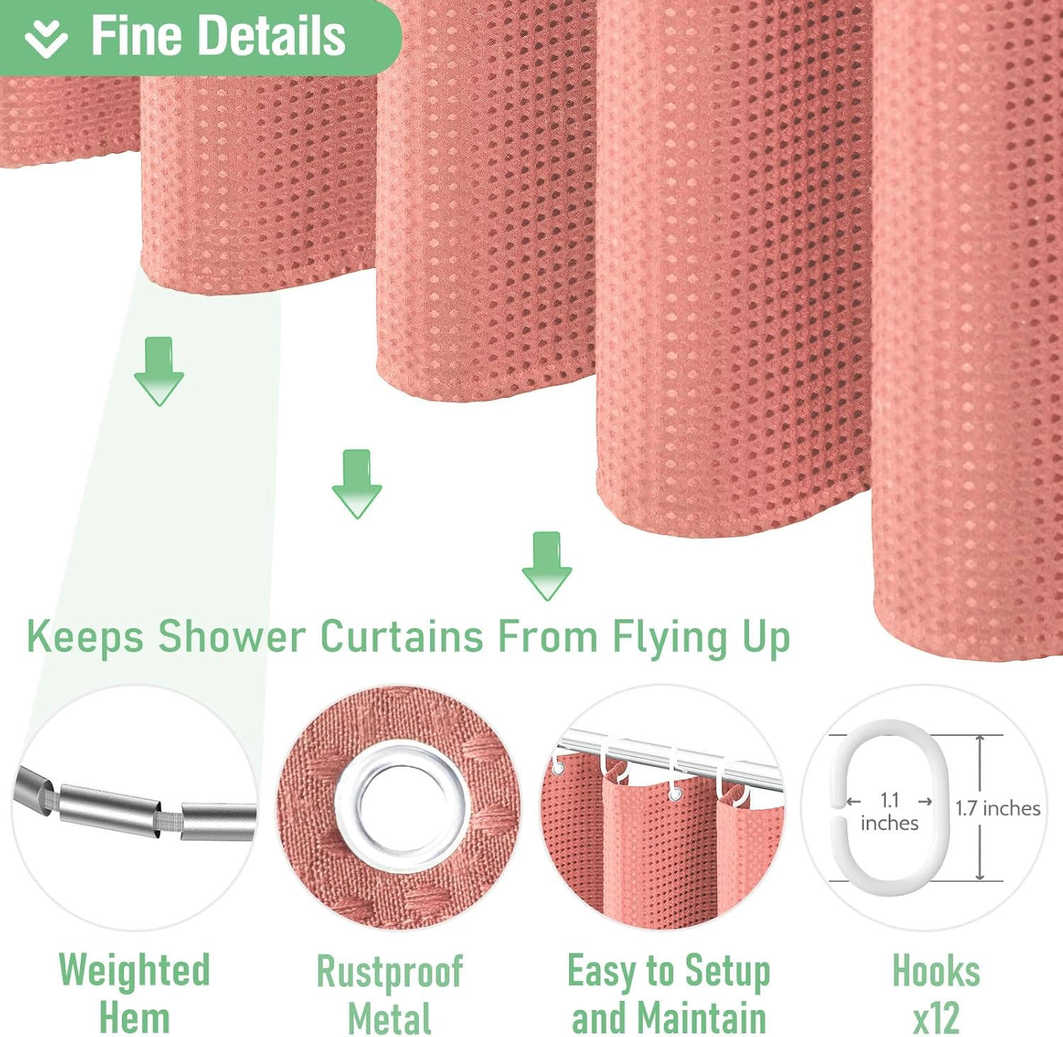 Dynamene Extra Long Shower Curtain - 96 Inch Long Waffle Weave Weighted Thick Cloth Bathroom Shower Curtain, Neutral Heavy Duty Hotel Bath Curtain Set with 12 Plastic Hooks,72x96, Coral - Image 5