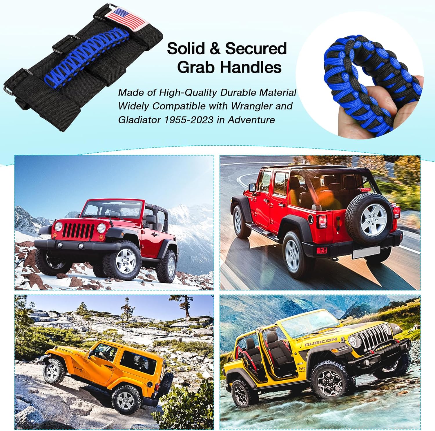 Gaizon 4 Pack Grab Handles Roll Bar Paracord Handgrip Handles with America Flag Pattern Replacement for Jeep Wrangler YJ TJ JK JL,Gladiator JT 1955-2022(Blue) - Image 5