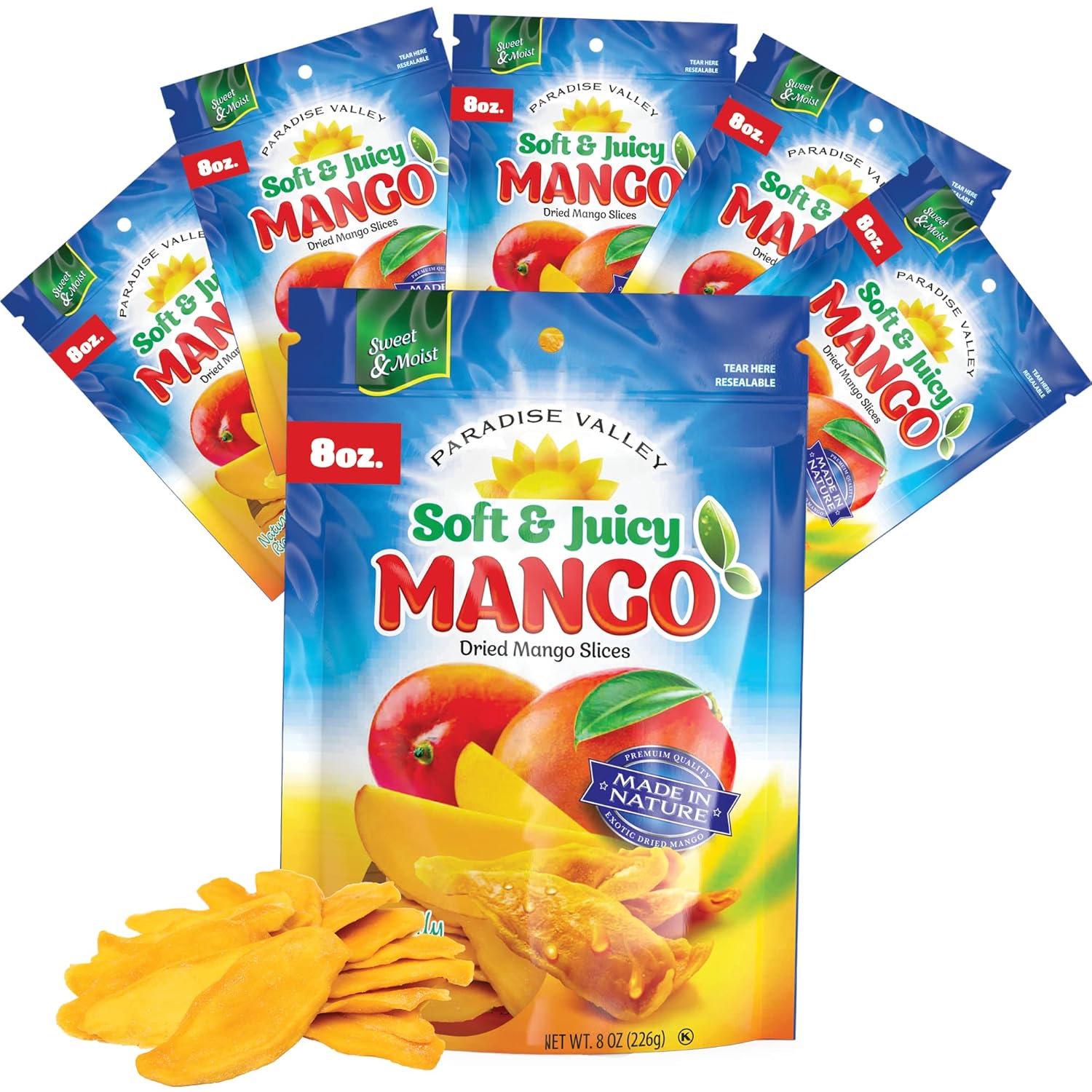 Dried Mango Slices - Delicious Texture Soft & Juicy Low Sugar Added Dried Mango - Naturally Ripened Mangos -Gluten Free Dry Mangoes Natural Source of Vitamin C, Fiber, (Mango 8 oz. 6 Pack)