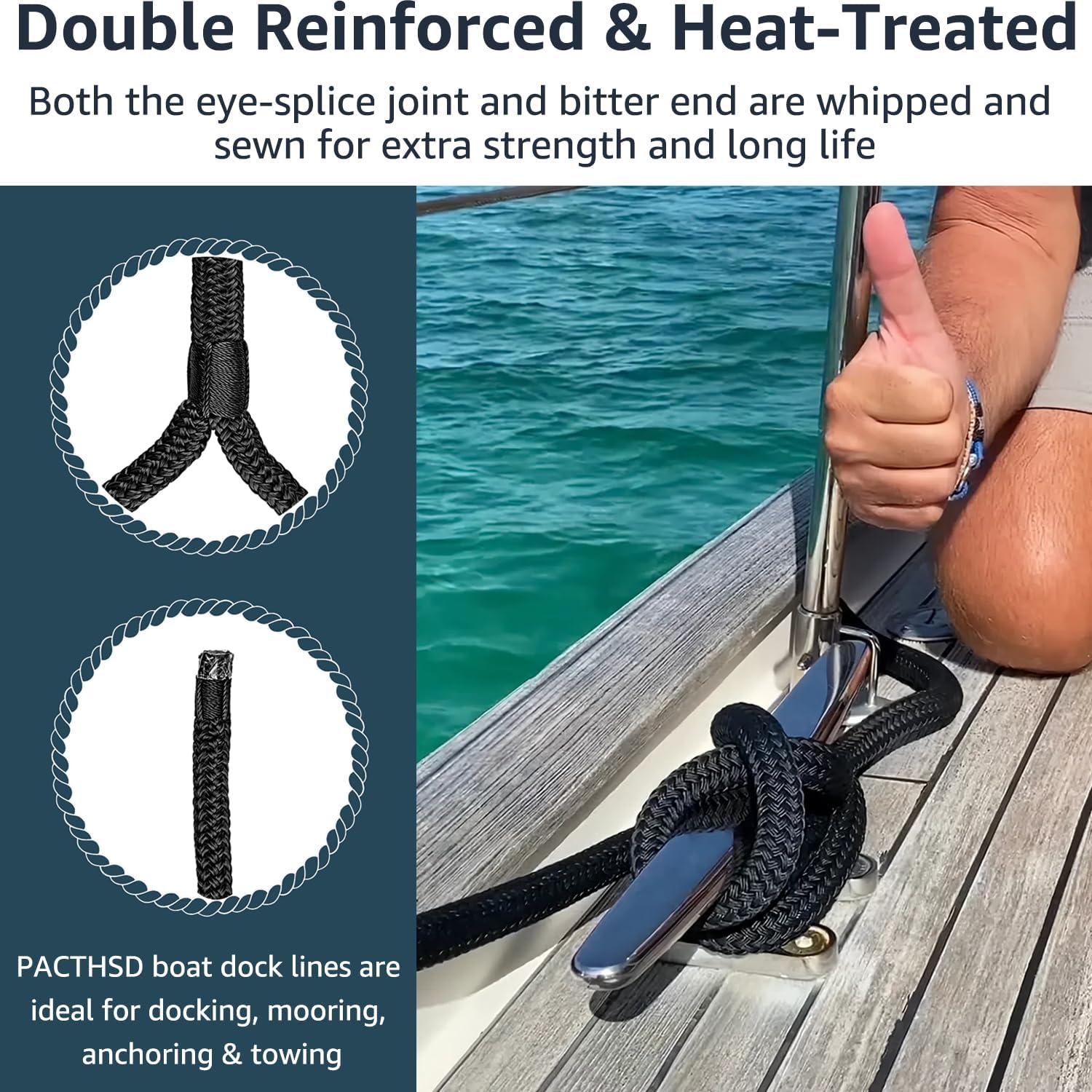 2 Pack 1/2" x 30' Dock Lines - Marine Grade Nylon Boat Rope with 12" Loop for Docking and Mooring - Double Braided Boat Lines, High Strength, Easy Handling, Fray Resistant - Black - Image 6