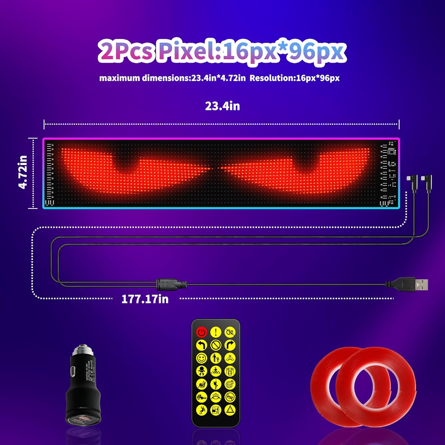 2PC Devil Eyes LED Lights for Car/Truck/SUV Windshield - 23.6"x4.71", App Control, IP68 Waterproof, USB-Powered - Image 3