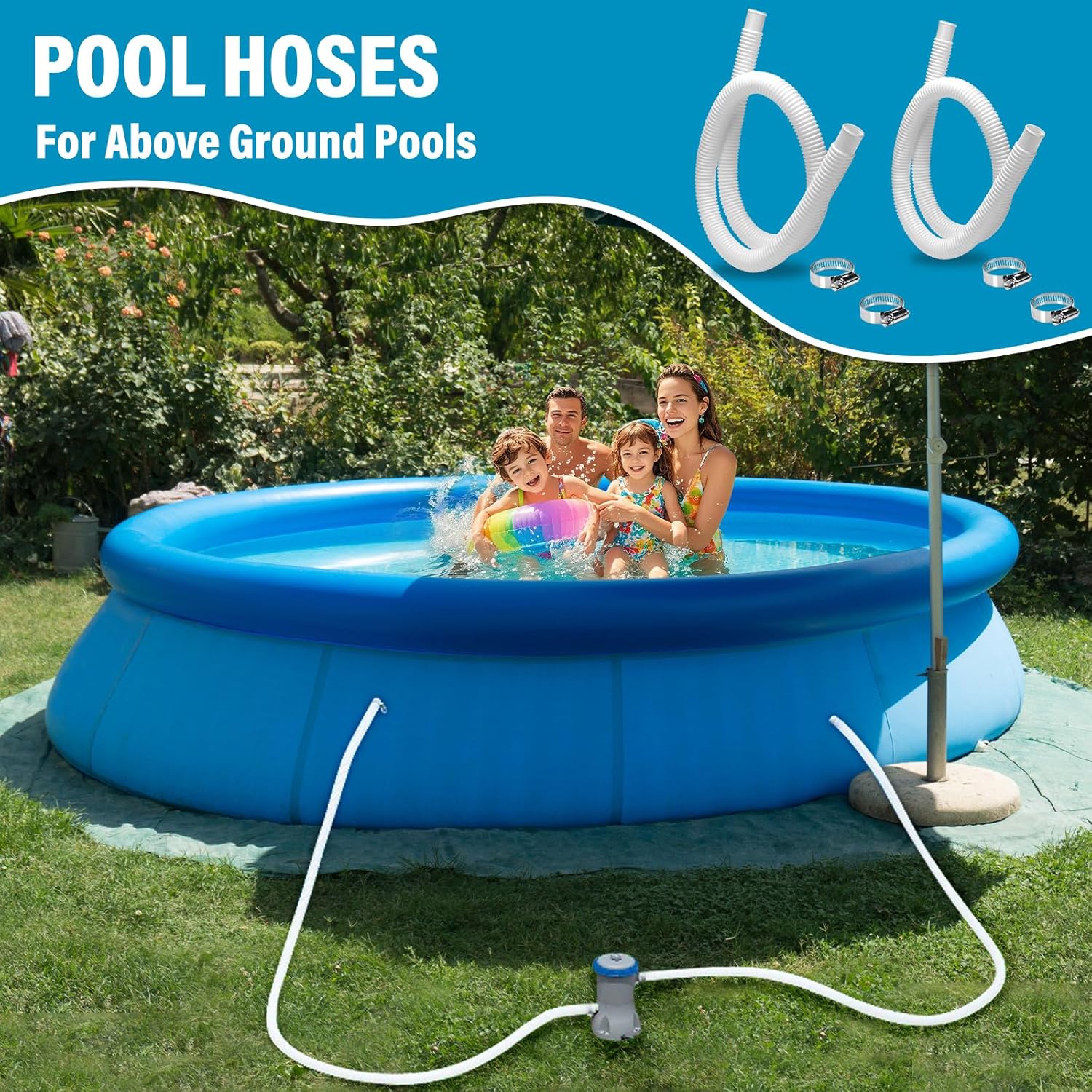 Madrigal 4-Pack of 1.25 x 59-Inch Pool Pump Replacement Hose for Above Ground Pools, Filter Pump Hoses, Replacement INTEX Hoses for 300/330/530/1000 Gallon Pool Pumps, Includes 8 Metal Clips, White - Image 6