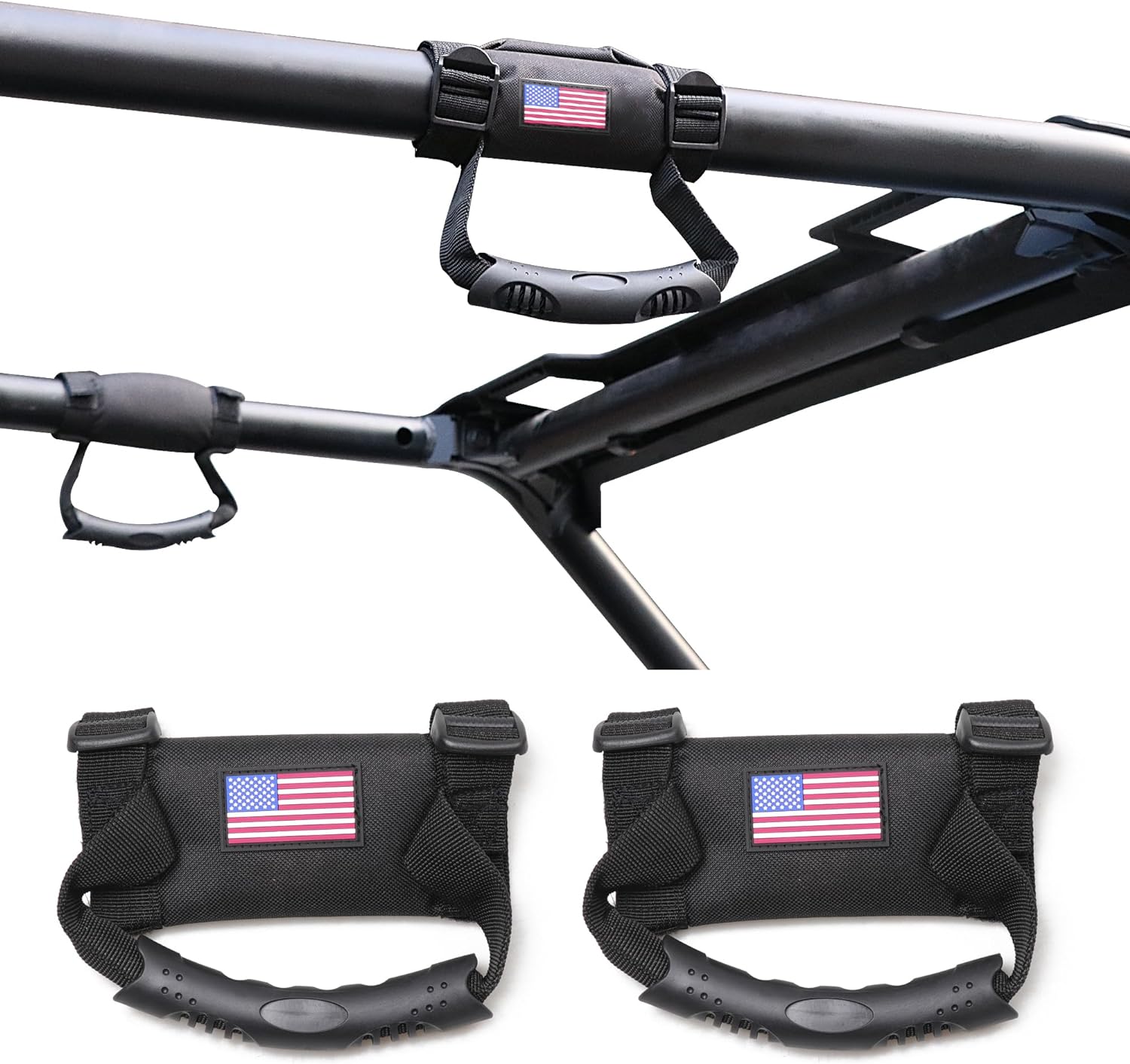 UTV ATV Roll Bar Grab Handles Grips Compatible with Polaris RZR Ranger Can Am Kawasaki Wildcat Pioneer Accessories 1.5” - 1.75” Roll Cage Hand Holds with US Flag, 2 Pack