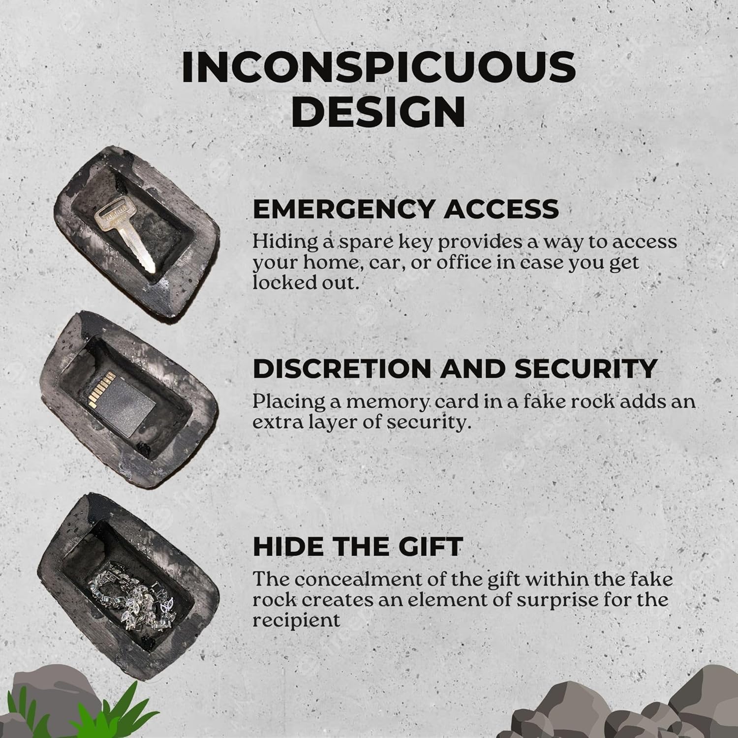 Hide a Key Rock for Outside, Realistic Fake Rock Key Hider - Weatherproof Outdoor Key Holder, Spare Key Storage for House, 3.4" x 2", Blends with Landscaping - Performore - Image 5