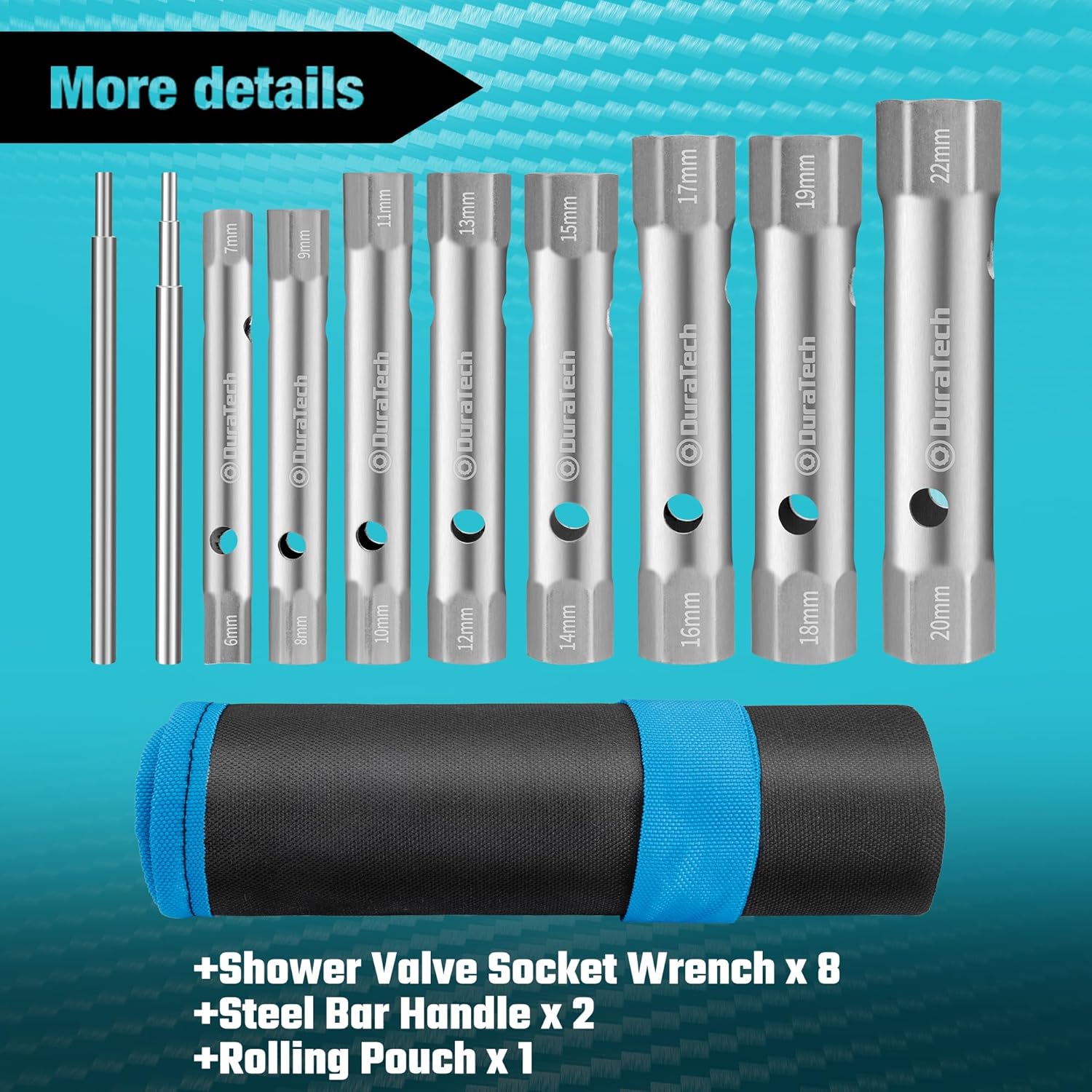 DURATECH 10-Piece Shower Valve Socket Wrench Set with Bar Handles, Metric, 6-22mm, for Removing Tub & Shower Valve, Home Plumbing Repairs - Image 5