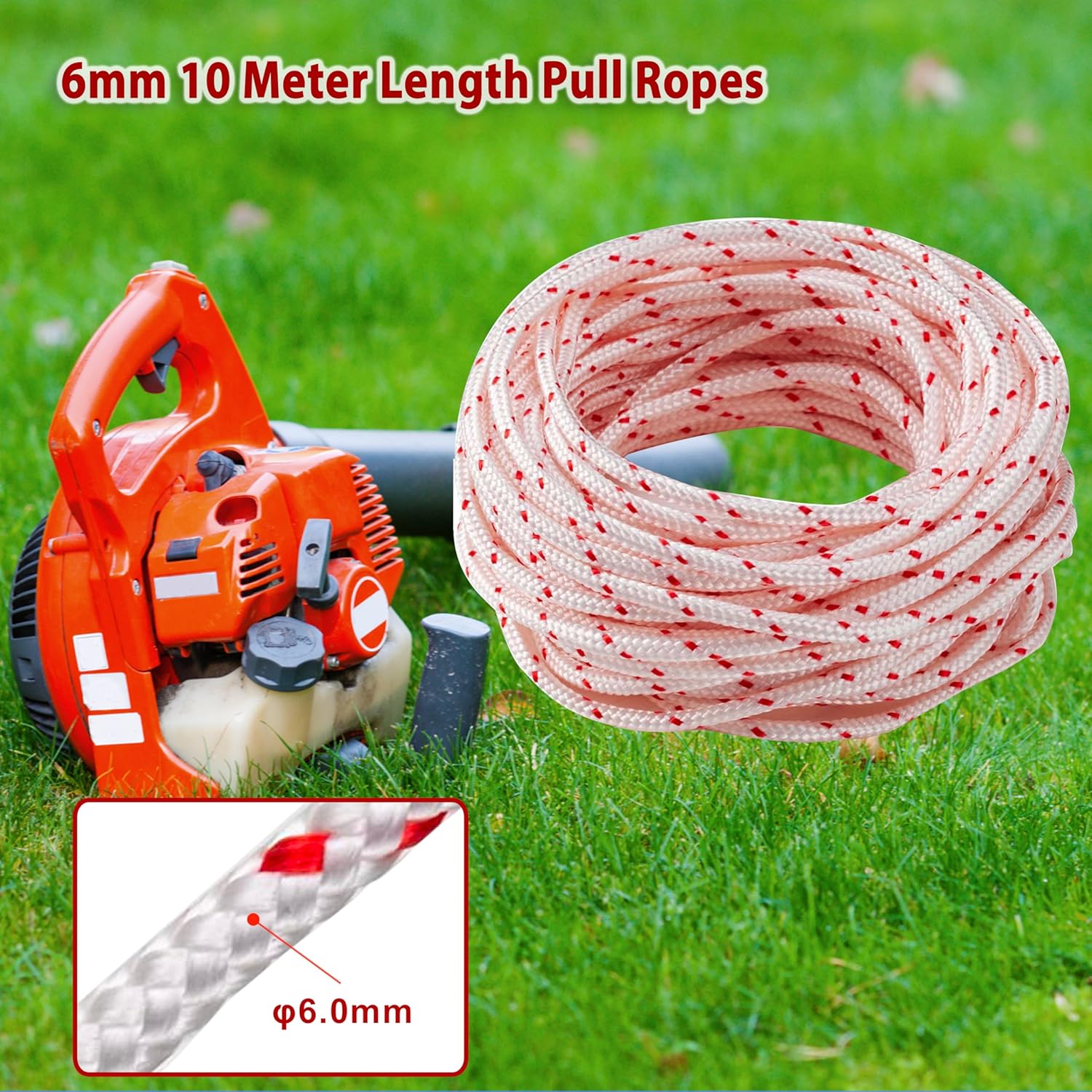 Recoil Starter Rope 6.0mm 10 Meters Gas Engine Pull Starter Replacement Recoil Pull Cord for Lawnmower Chainsaw Generator Red Dot - Image 2