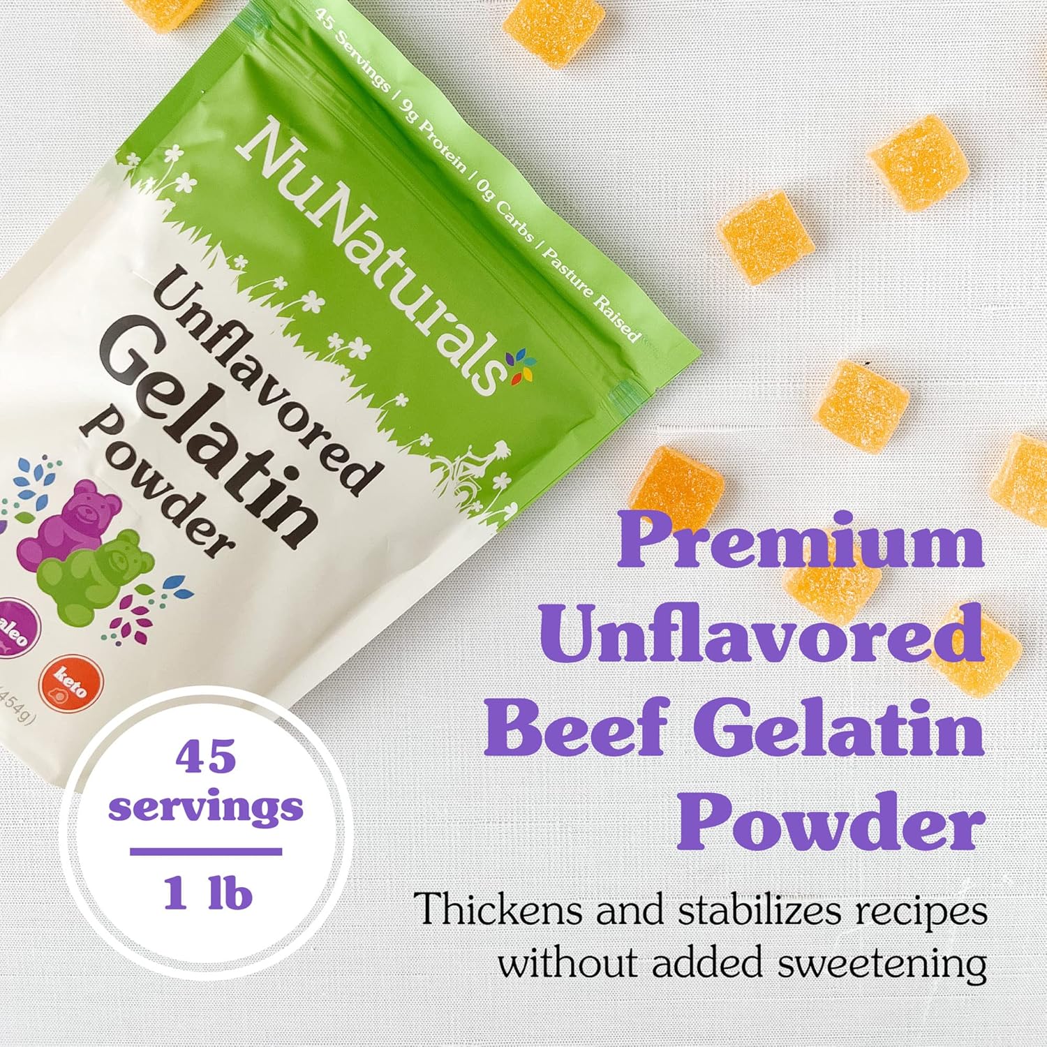 NuNaturals Unflavored Beef Gelatin Powder, Instantly Thickens, Stabilizes, and Texturizes, 1 lb - Image 3
