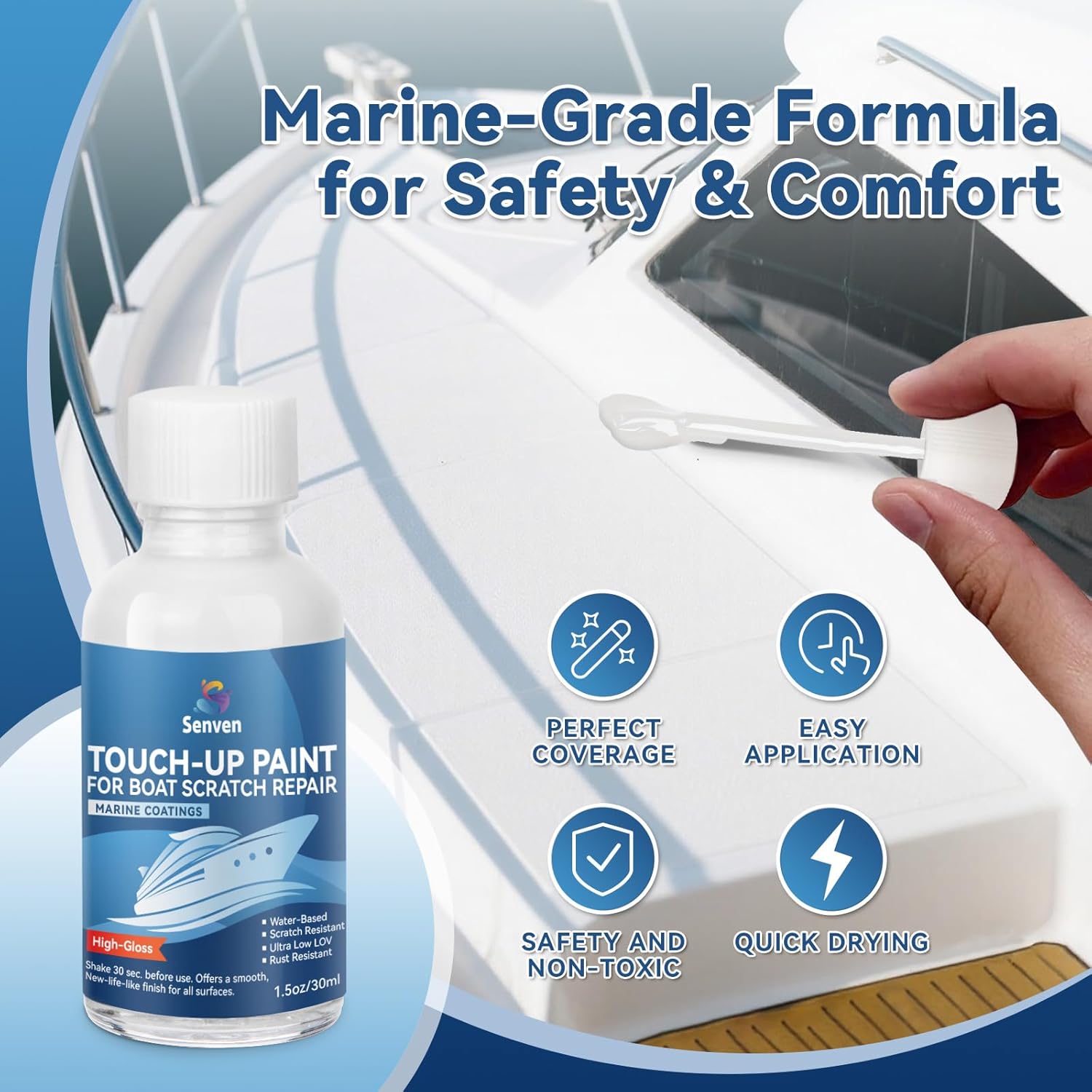 SENVEN Boat Paint Touch Up Pen High-Gloss Boat Scratch Repair Marine Topside Bottom Enamel Marine Repair for Boats, Wood, Fiberglass, Aluminum, Metals Water-Based 30ml 1.5 oz White Black - Image 2