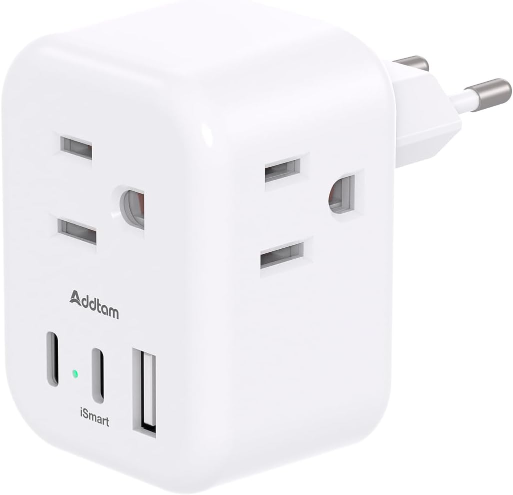 European Travel Plug Adapter, Addtam International Power Adapter with 3 Outlets 3 USB Charging Ports(2 USB C), Type C Adapter Travel Essentials to Most Europe EU Spain Italy France