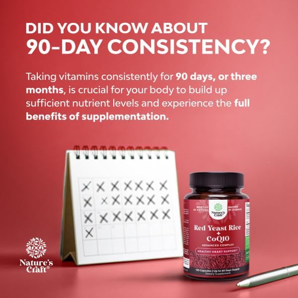 Natures Craft Red Yeast Rice with CoQ10 Supplement - Advanced Healthy Heart & Healthy Cholesterol Levels Formula for Men & Women - Red Yeast Rice Capsules with 1200 mg per Serving and CoQ10-120 Count - Image 7