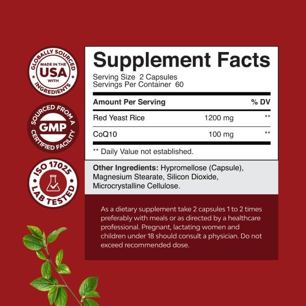 Natures Craft Red Yeast Rice with CoQ10 Supplement - Advanced Healthy Heart & Healthy Cholesterol Levels Formula for Men & Women - Red Yeast Rice Capsules with 1200 mg per Serving and CoQ10-120 Count - Image 8