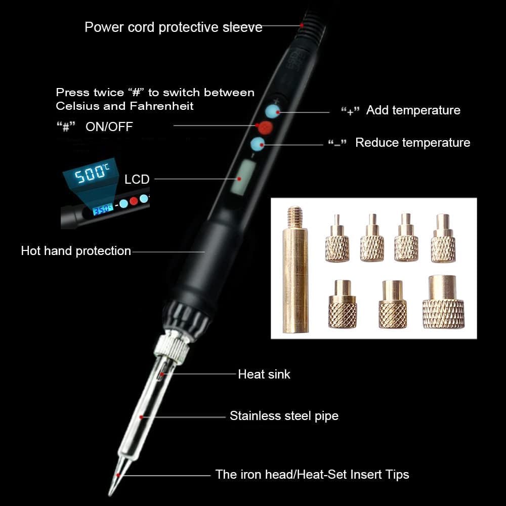 60W Digital Soldering Iron Heat Set Insert Tool with Heat Set Insert Tips and 100 Pcs M3x4x4.2 Threaded Inserts … - Image 3