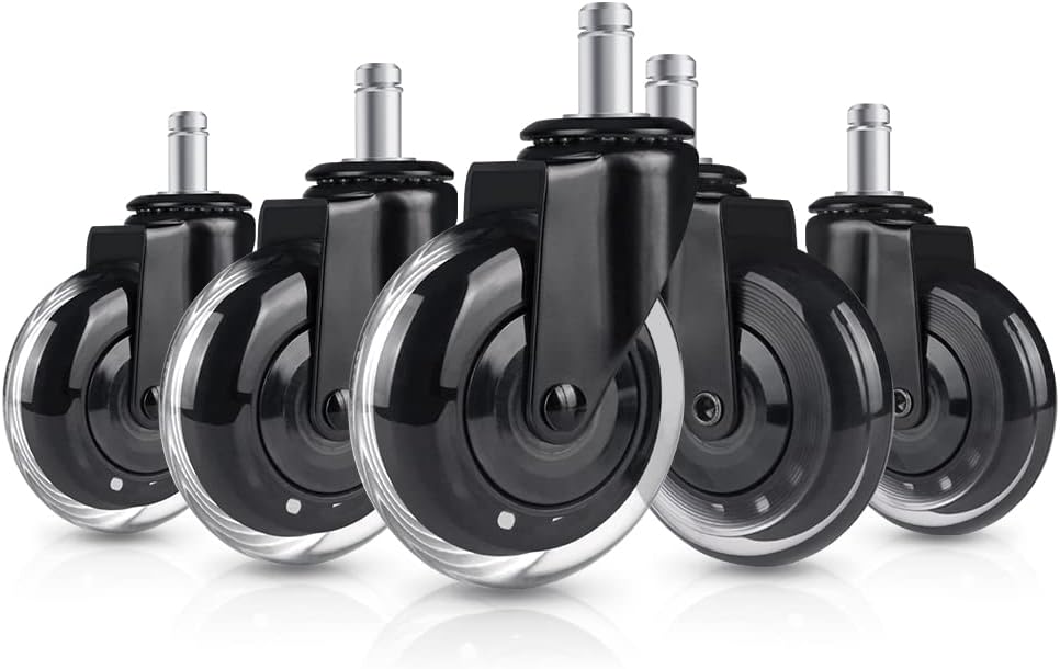Hirate Office Chair Caster Replacement Upgraded Version to Prevent Fluff and Dust, Heavy Duty Desk Chair Casters Rolling Smooth Safe for Hardwood, Tile & Carpet Universal Fit 7/16" x 7/8"
