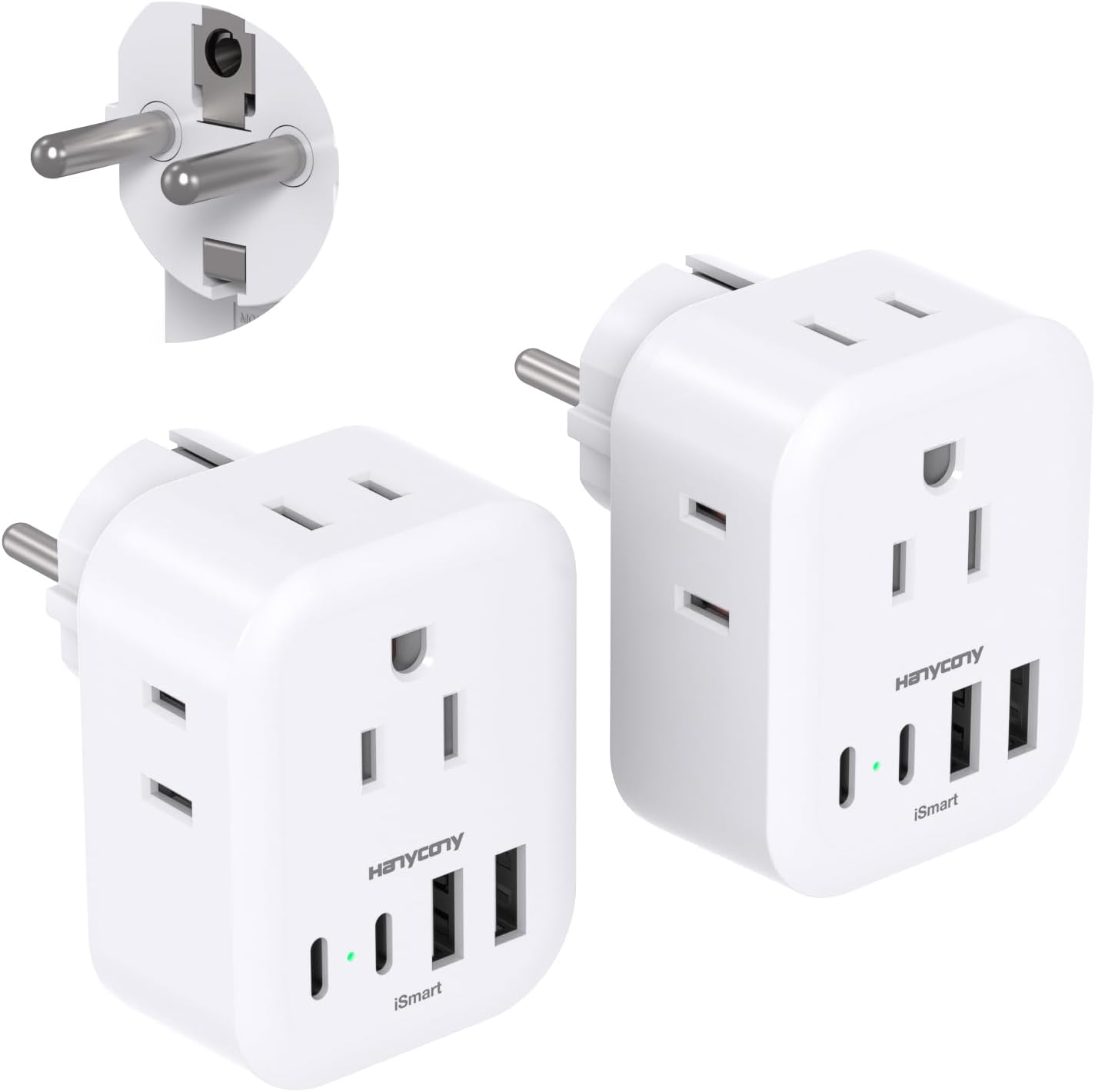 2 Pack Type E F Plug Adpter, HANYCONY Germany France Travel Power Adapter with 4 Outlets 4 USB Ports(2 USB C), South Korea Travel Plug Adapter for US to Europe EU Spain Iceland Greece German French