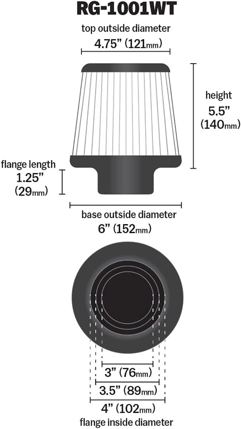K&N High-Flow Original Lifetime Universal Clamp-On Air Filter: Performance, Premium, Washable: Flange Diameter: 4 In, Filter Height: 5.5 In, Flange Length: 1.125 In, Shape: Round Tapered, RG-1001WT - Image 2