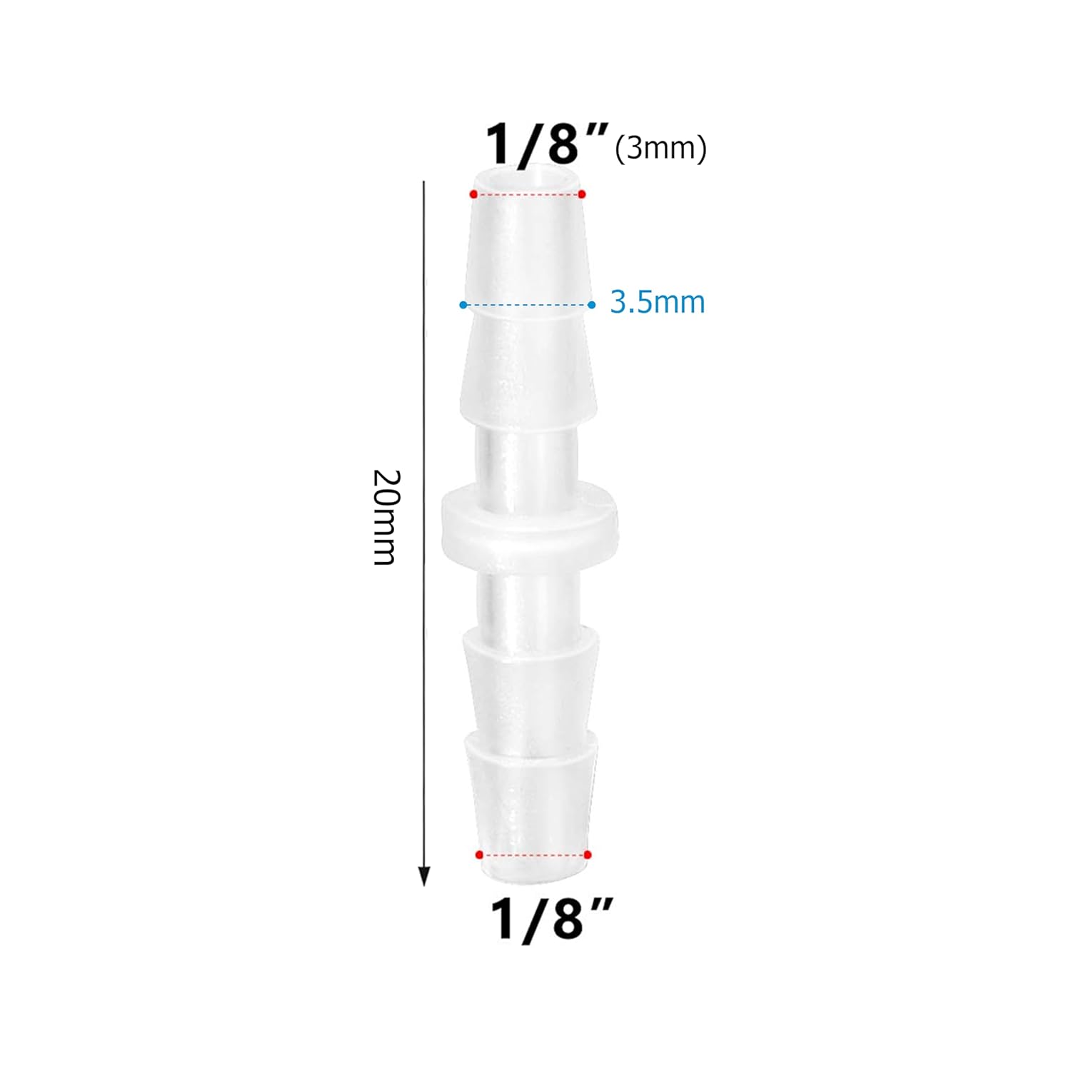 Quickun Plastic Hose Barb Fitting, 1/8" x 1/8" Barbed Splicer Mender Joint Adapter Union Fitting (Pack of 5) - Image 2
