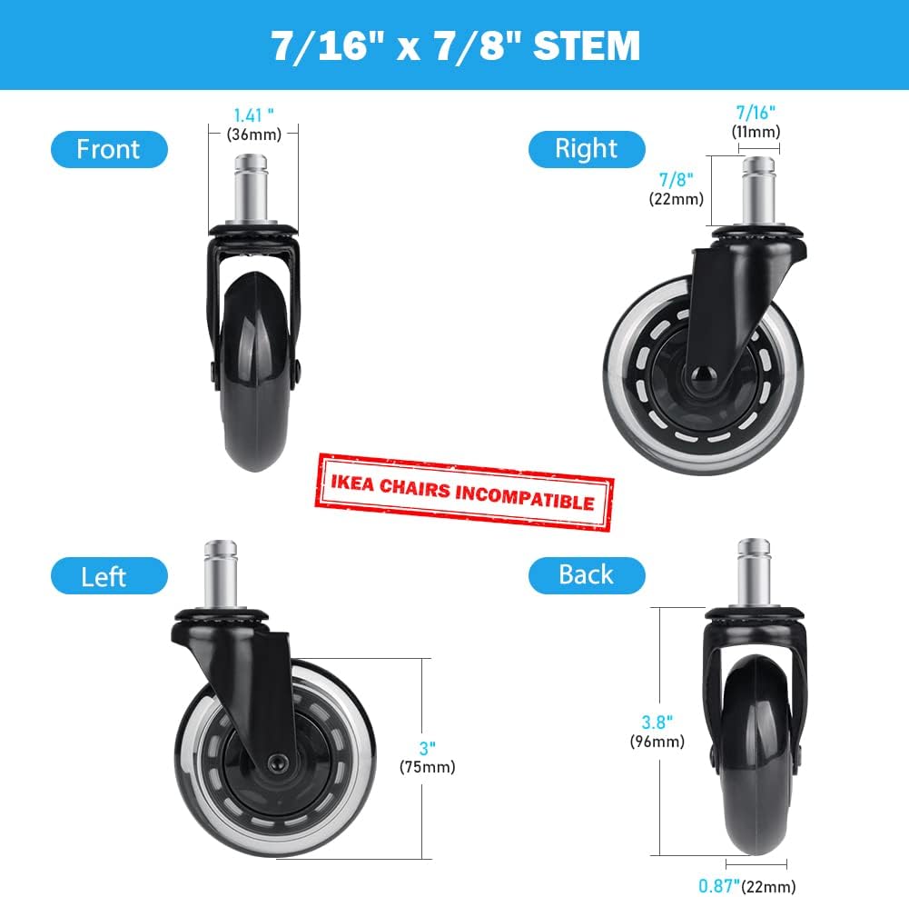 Hirate Office Chair Caster Replacement Upgraded Version to Prevent Fluff and Dust, Heavy Duty Desk Chair Casters Rolling Smooth Safe for Hardwood, Tile & Carpet Universal Fit 7/16" x 7/8" - Image 2