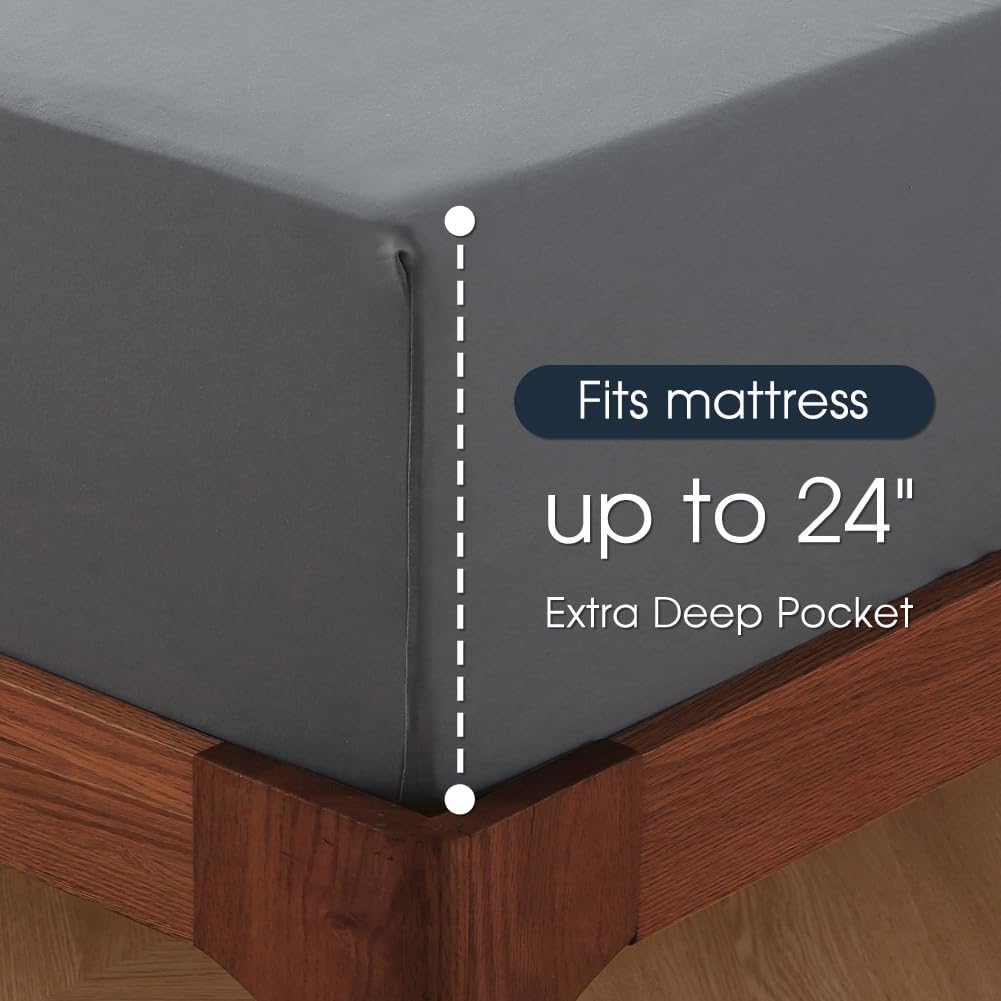 HYPREST Extra Deep Pocket Queen Sheet Sets Fits 18"-24" in Deep Mattress -100% Cotton Queen Sheet Set,Grey Hotel Luxury Soft Cooling Sheet Sets for Queen Bed Deep Pocket - Image 3
