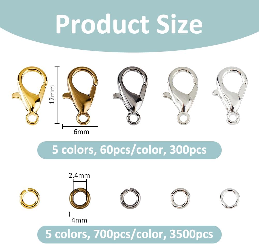 SUPERFINDINGS 3800Pcs 5 Colors Lobster Claw Clasps and Open Jump Rings Set Alloy Lobster Clasps with Brass Open Jump Rings Bracelet Clasp and Closures for Jewelry Making DIY Zipper Pull - Image 2