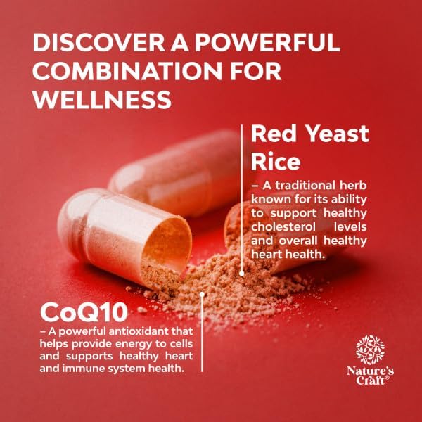 Natures Craft Red Yeast Rice with CoQ10 Supplement - Advanced Healthy Heart & Healthy Cholesterol Levels Formula for Men & Women - Red Yeast Rice Capsules with 1200 mg per Serving and CoQ10-120 Count - Image 4