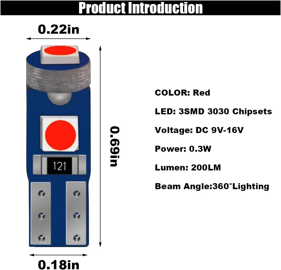 GLSOWEE T5 LED Bulbs, 74 73 37 2721 LED Bulb 12 Volt Replacement, Bright Canbus Error Free, Compatible with Auto Car Gauge Cluster Dashboard Light Lamp Instrument Panel Indicator (Red) - Image 2