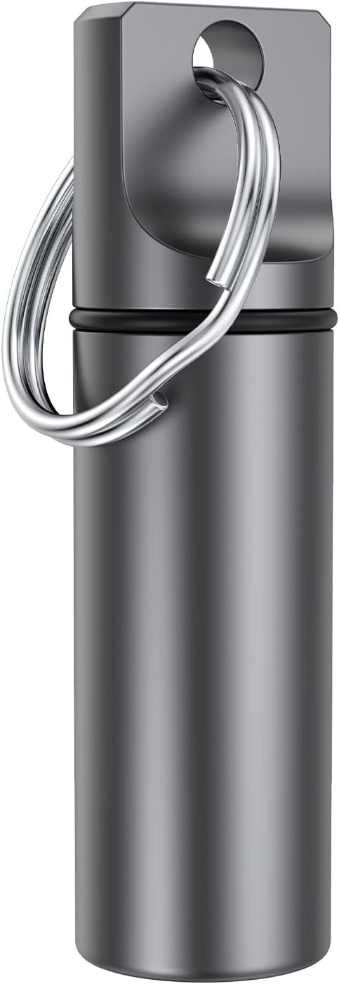 Small Pocket Pill Box Keychain, Aluminium Alloy Portable Mini Pill Organizer Case Container for Purse, Waterproof Metal Pill Holder Medicine Bottle for Outdoor Camping Travel (Grey)