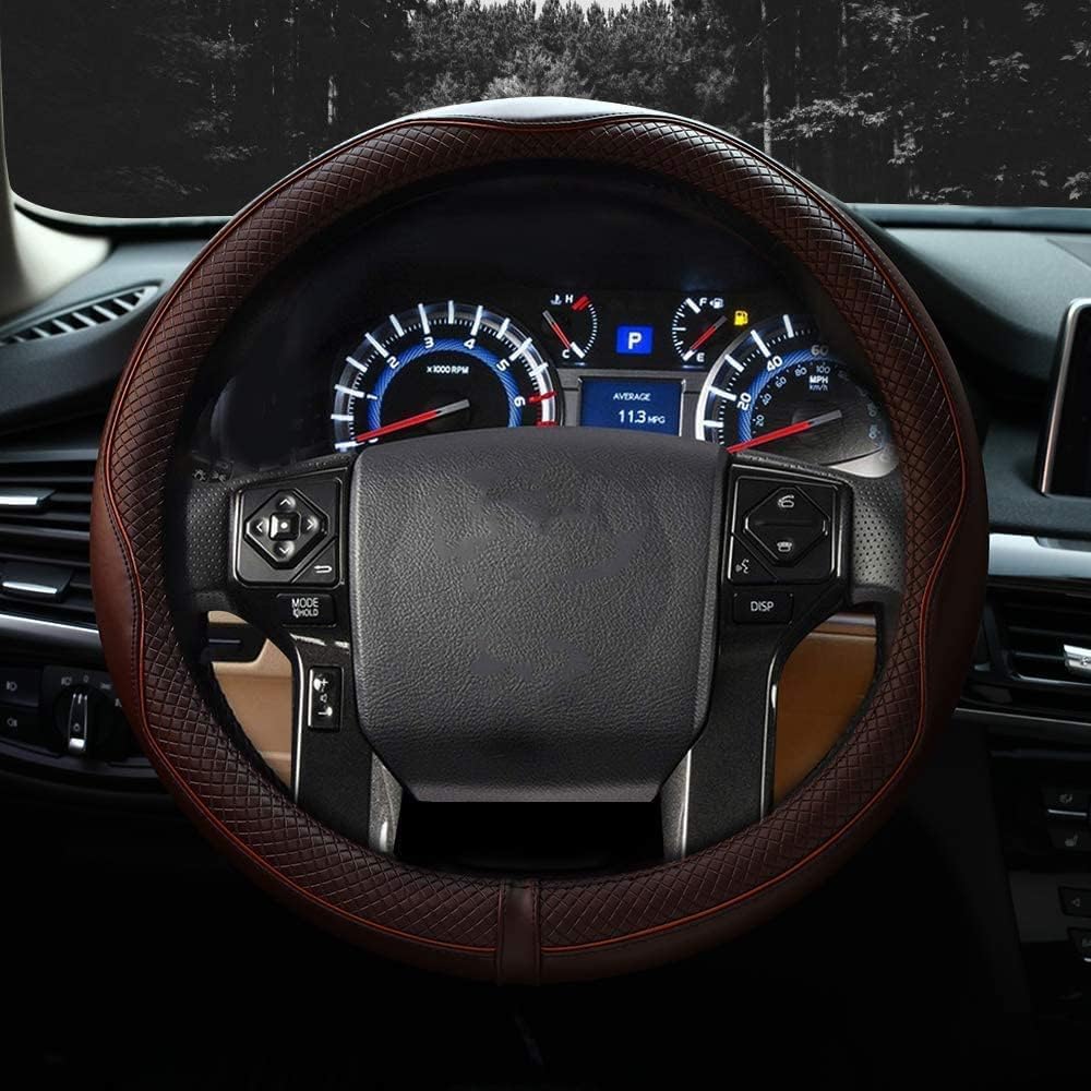 Valleycomfy Steering Wheel Covers Universal 15.75 inch - Genuine Leather, Breathable, Anti Slip & Odor Free (Coffee, L(15" 1/2-16")) - Image 2