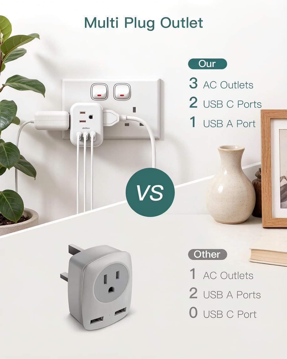 Addtam US to UK Ireland Travel Plug Adapter, Type G Power Plug Adapter with 3 Outlets 3 USB Ports(2 USB C), UK Adapters for Travel for USA to Dubai England London Scotland British Kenya Irish Hongkong - Image 3