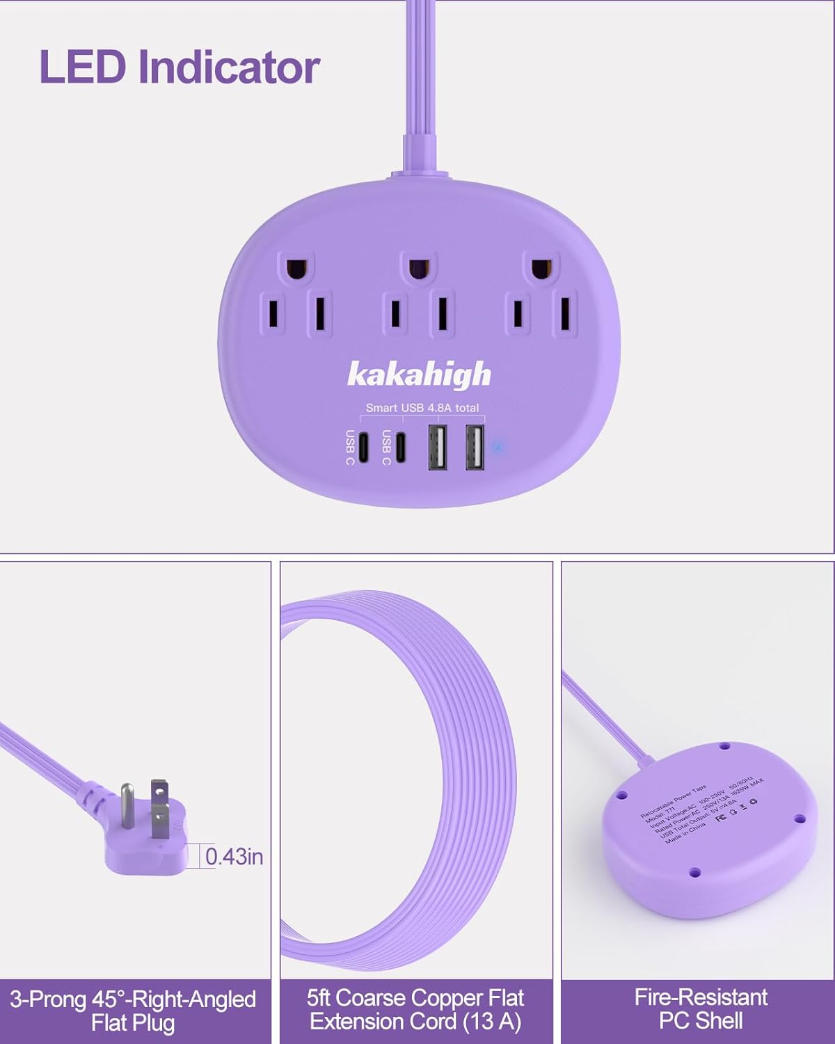 Purple Extension Cord with USB C - 5 FT Flat Power Strip, 1625W Cute Extension Cord with 3 AC Outlet 4 USB (24W/4.8A), Compact for Cute Purple Kawaii Lavender Accessories - Image 3