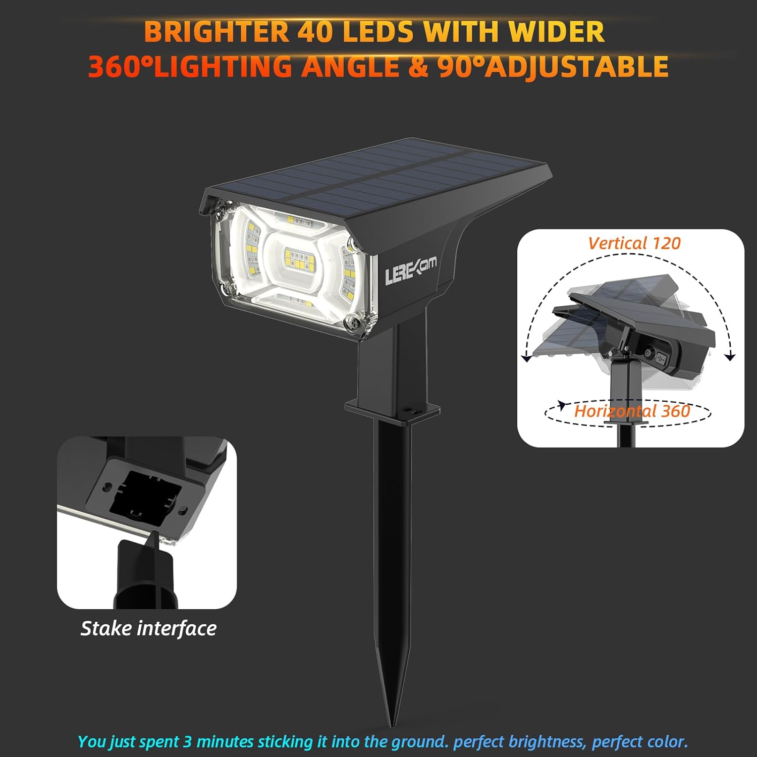 Solar Outdoor Lights,40 LEDs Color Changing RGB Solar Landscape Path Lights,USB & Solar Powered Multicoloured Spotlights,14 Colors Auto Cycling Spotlights for Yard,Garden,2 Pack - Image 6