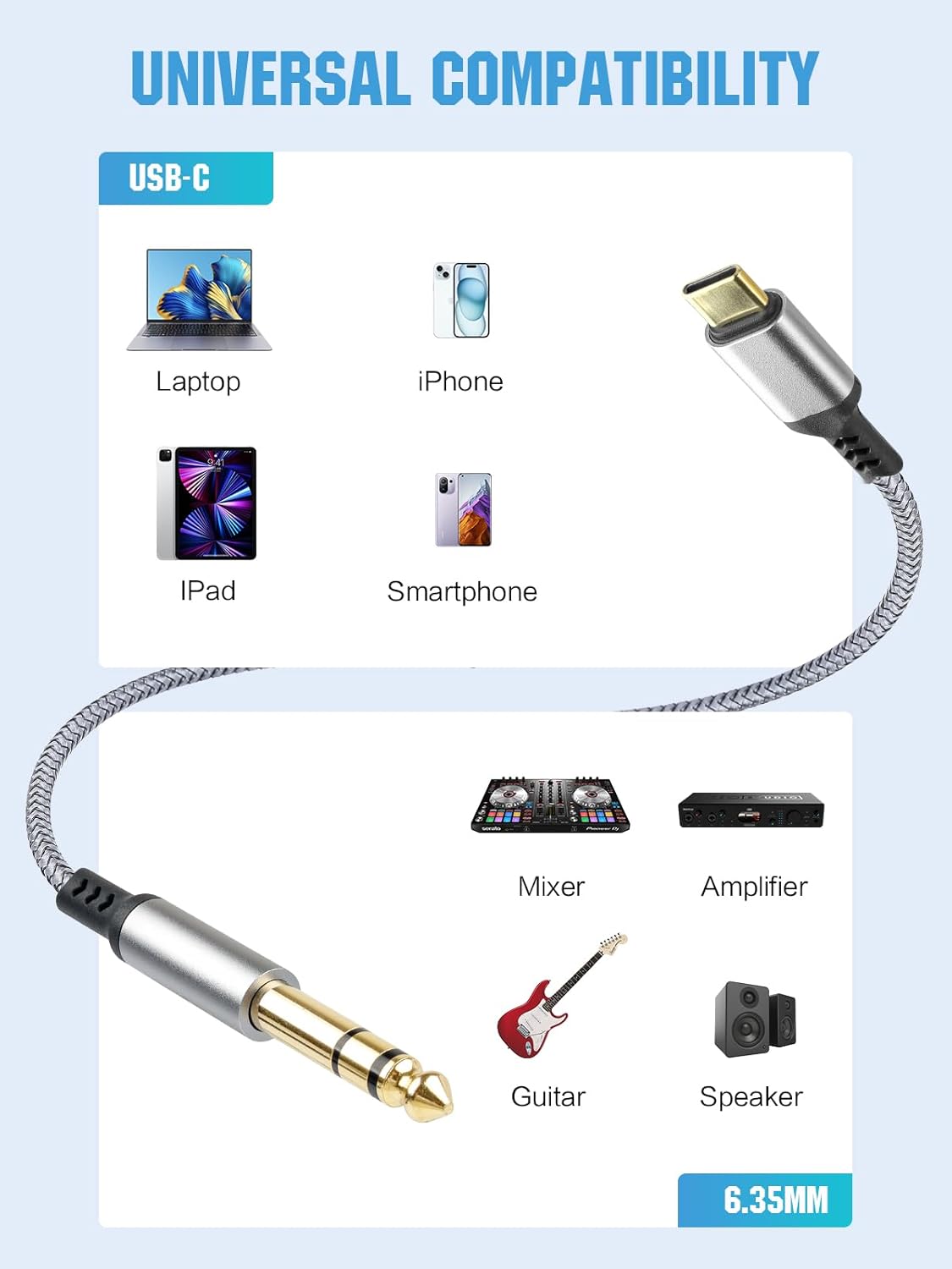 2 Pack USB C to 6.35mm 1/4 inch TRS Cable 6.6FT/2M,Type C to 1/4 Audio Adapter Aux Jack Stereo Cable for Phones,Amplifier, Speaker, Headphone, Mixing Console Compatible with iPhone16 Not Recording - Image 2