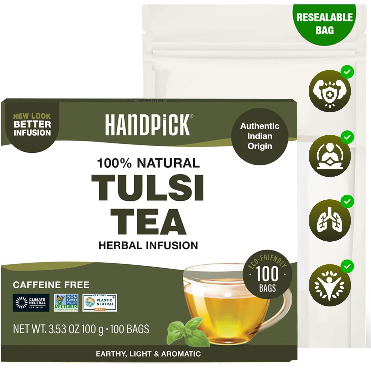 HANDPICK Original Tulsi Tea (100 count) Holy Basil Tea | Non-GMO, Caffeine-Free Herbal Tea | Ecofriendly Round Tea Bags