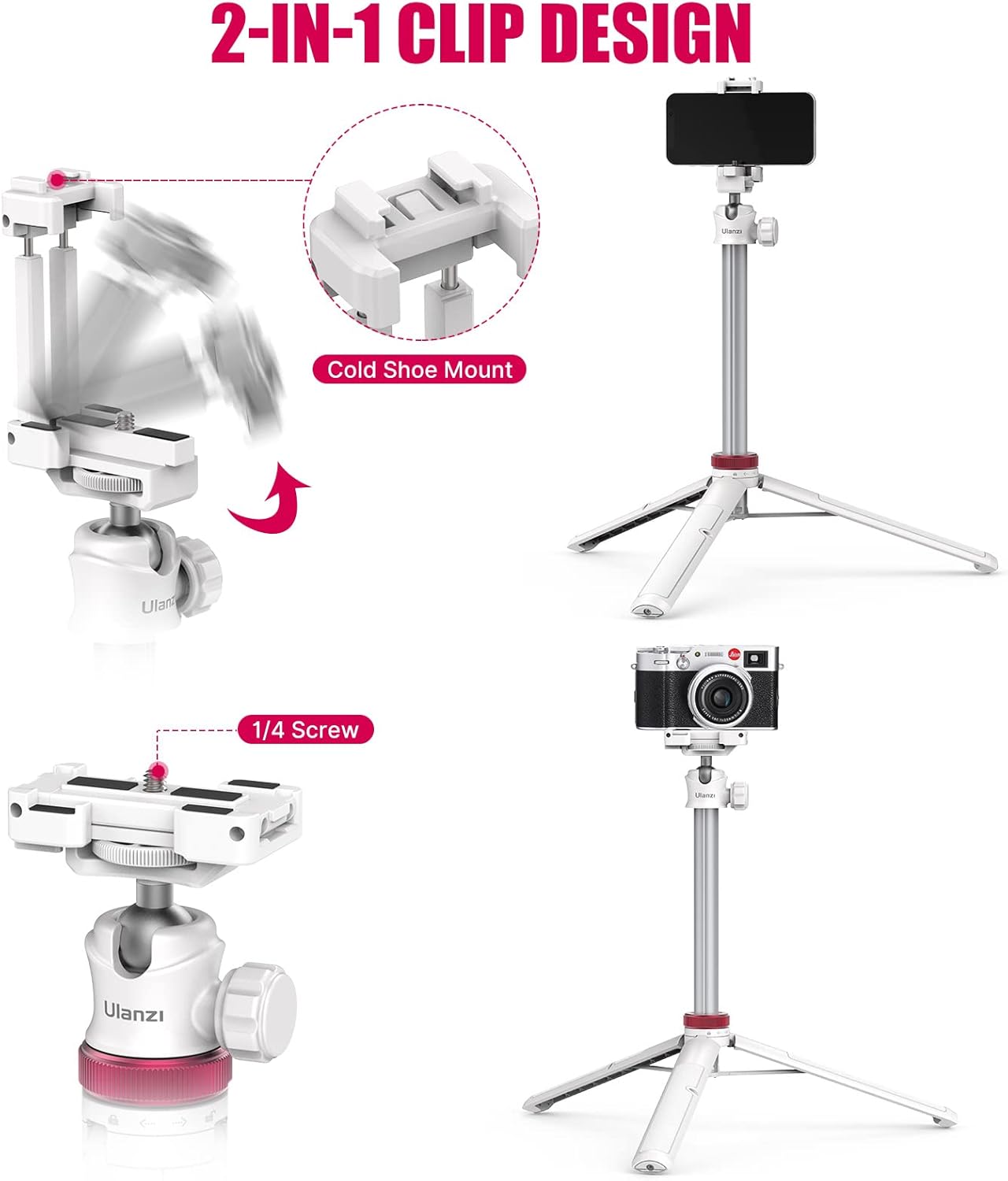 ULANZI MT-44 Extendable Phone Tripod, 59" Selfie Stick Portable Vlog Tripod Stand with 2 in 1 Phone Clip 1/4" Screw, 360° Ball Head Camera Tripod for DJI Pocket Sony Canon Action Fujifilm, White - Image 2