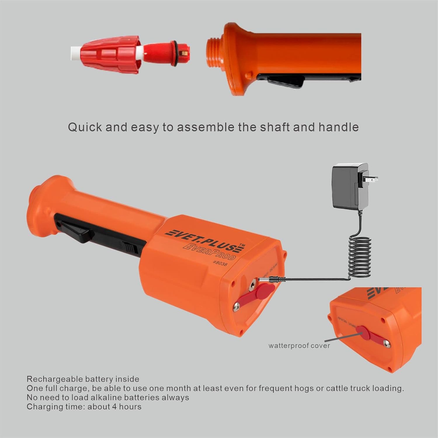 Rechargeable Waterproof Cattle Prod for Cows Hogs Sheep Large Dogs Electric Livestock Prod with 23" Length Flexible Shaft, Total Length 33.5 inch - Image 2