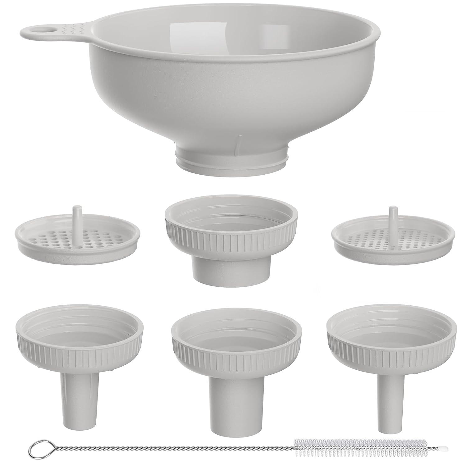 Pisol Wide Mouth Versatile Funnel, Canning Funnels for Kitchen Use, Food Grade Plastic Cooking Funnel Set with 4 Size Spouts and 2 Strainers for Filling Different Bottles and Bags, Grey