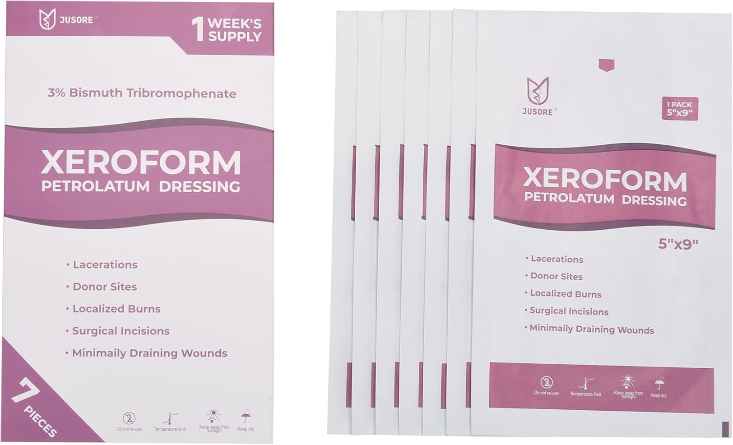 JUSORE Xeroform Petrolatum Dressing - FSA-HSA, 5"x9", Medical Non Stick Gauze Pads, Soft Mesh Gauze Patch for Wound Care, Burns, Lacerations, Skin Grafts & Surgical Incisions, 7 Individual Pack - Image 6