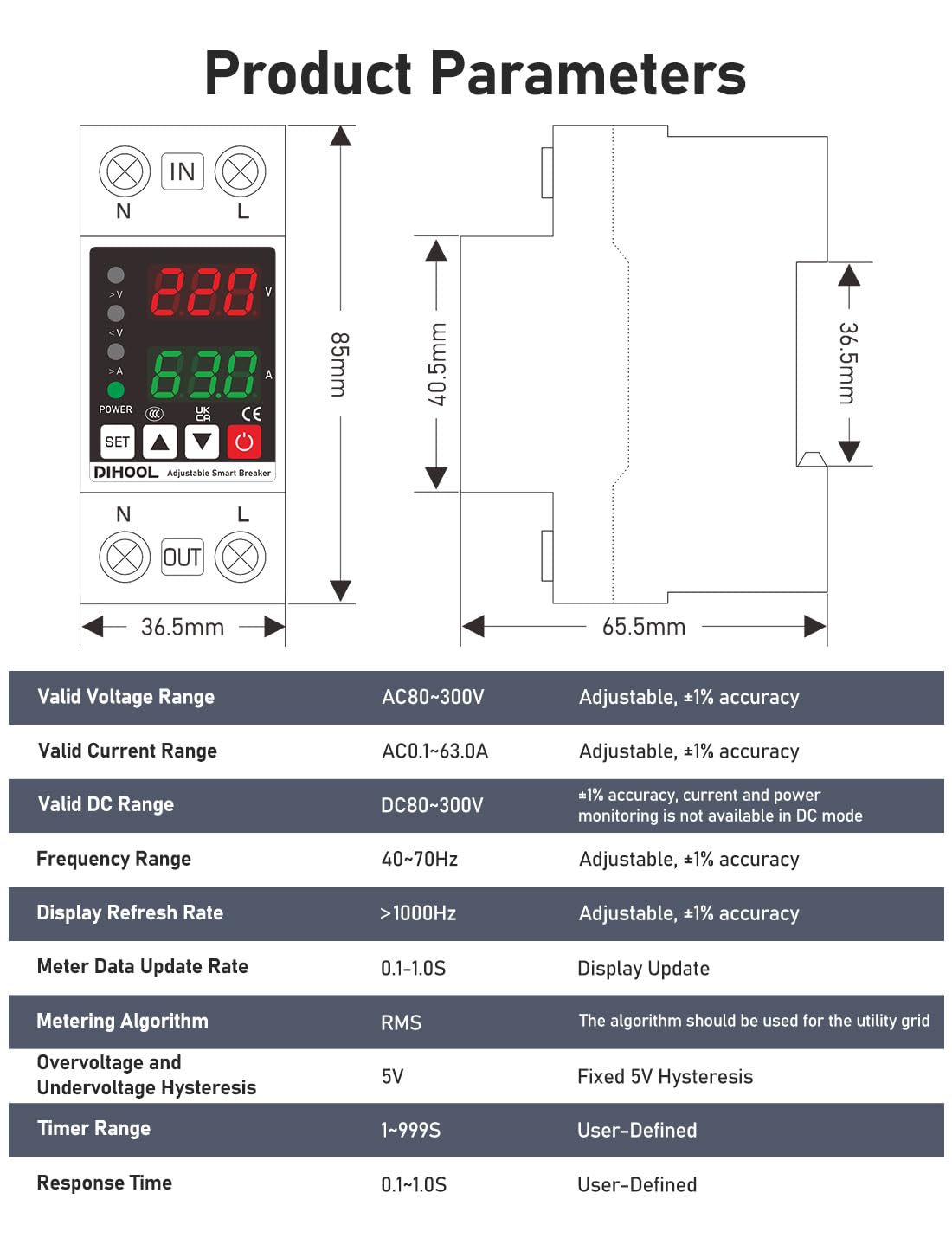 DIHOOL Smart Circuit Breaker with Adjustable Voltage Protection, 70-200V Low and 140-300V High Cutoff, 1-63A Overcurrent Protector, AC Disconnect Switch, DIN Rail Mount - Image 2