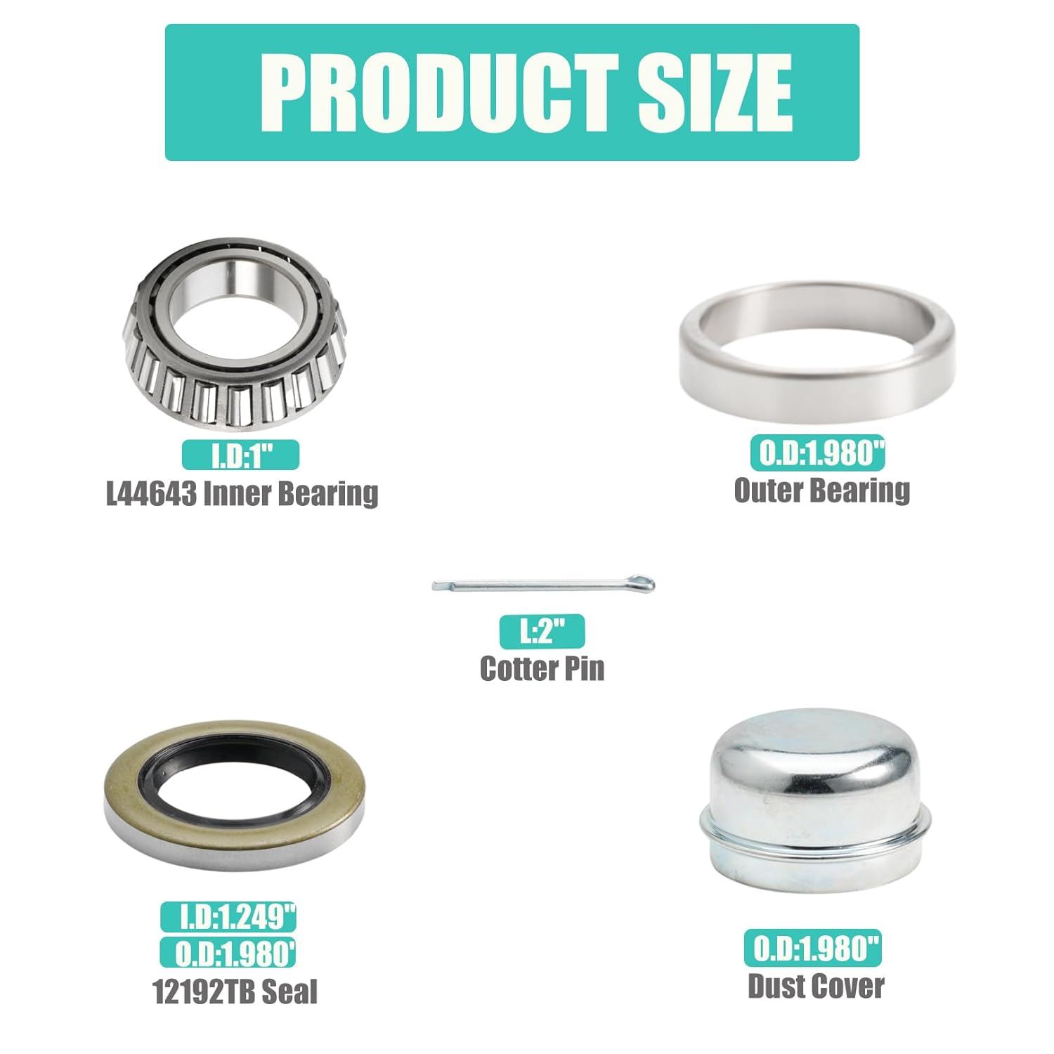 2 Set Fits for 1'' Axles Trailer Wheel Hub Bearings Kit, L44643/L44610,1.000" ID, 1.980" OD, 0.580" Width,12192TB Seal OD 1.980'',Dust Cover and Cotter Pin. - Image 3