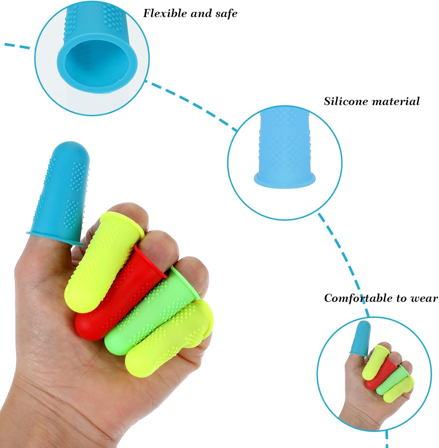 12 PCS Silicone Finger Protectors Covers, 3 Sizes Rubber Finger Tips Office Thumb Guard Sleeves Fingers Thimbles Cots for Hand Sewing Hot Glue Embroidery Cutting Ironing (Yellow Red Blue Green) - Image 3