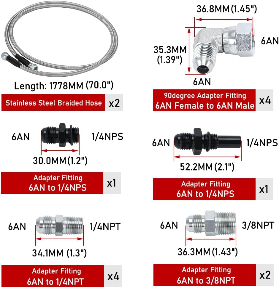 6AN 70" Transmission Fluid Oil Cooler Hose Line kit for GM Chevy Transmission 4L80E TH350 TH400 4L60E 700R4 200-4R TR6060 Ford AOD 4R100 4R70W and C5 Stainless Steel Braided PTFE Hose - Image 5