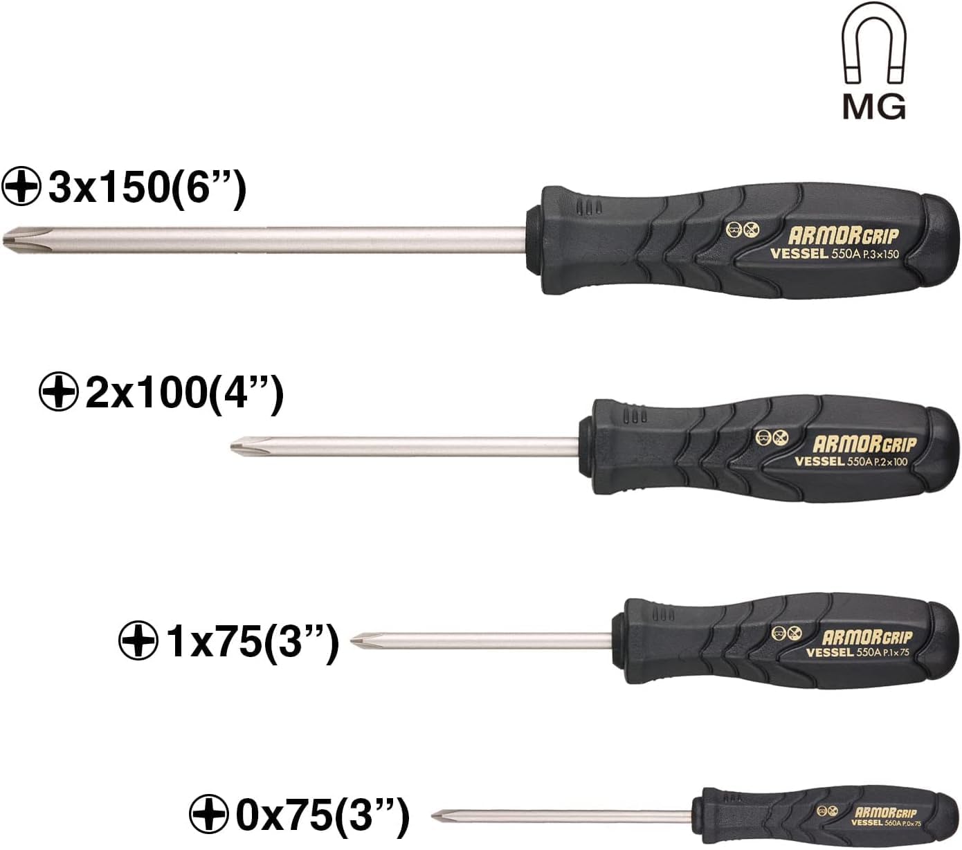 VESSEL - ARMOR GRIP™ Screwdriver Cross Point 4PC. Set (JISDRIVE) No.550APH4PBU - Image 4