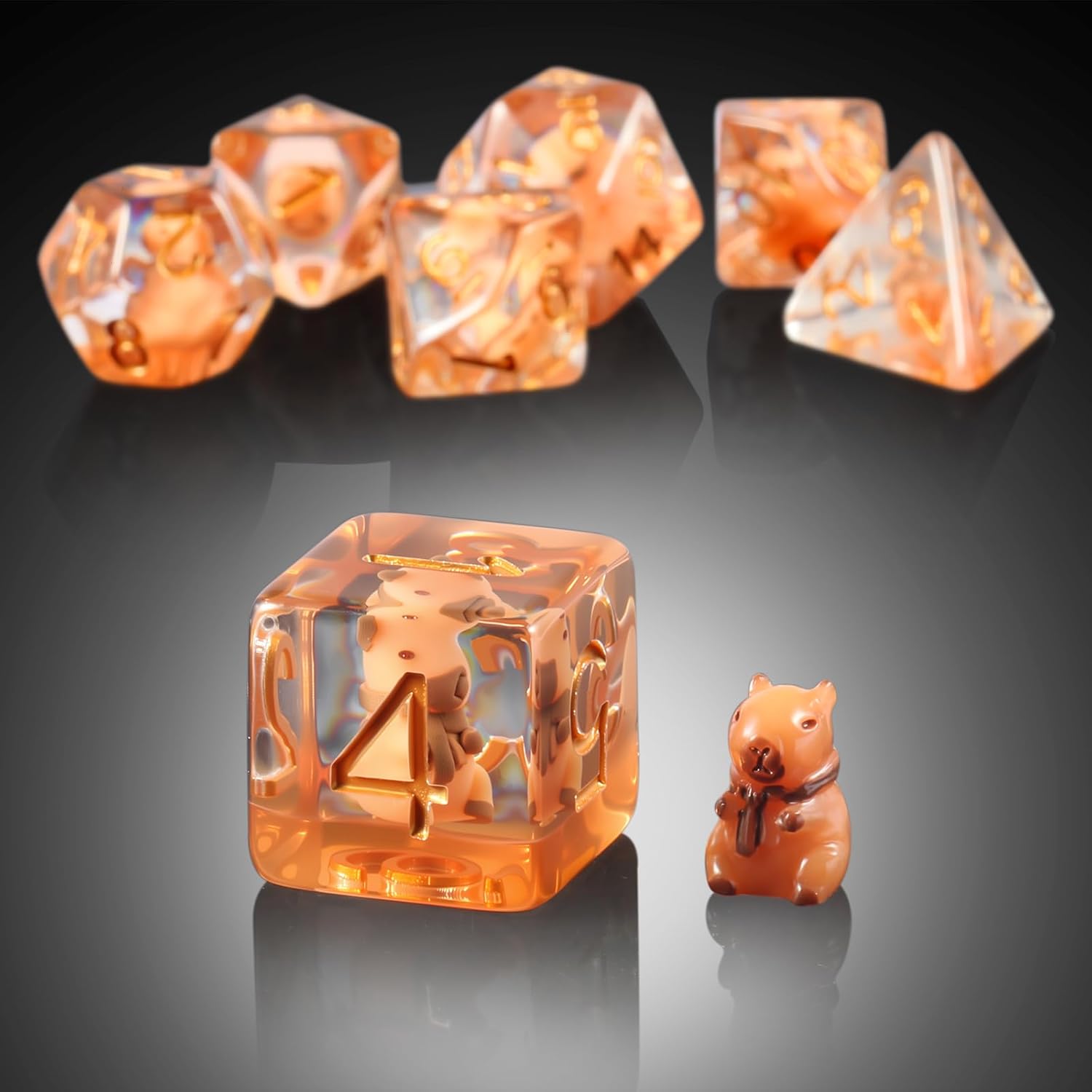 Capybara DND Dice Set with Cute Animal Inside - 7PCS Hand Made Polyhedral Resin Dice for Dungeons and Dragons RPG Games with Gold Numbers, Unique Collector Dice in Velvet Bag Gift for Gamers - Image 3