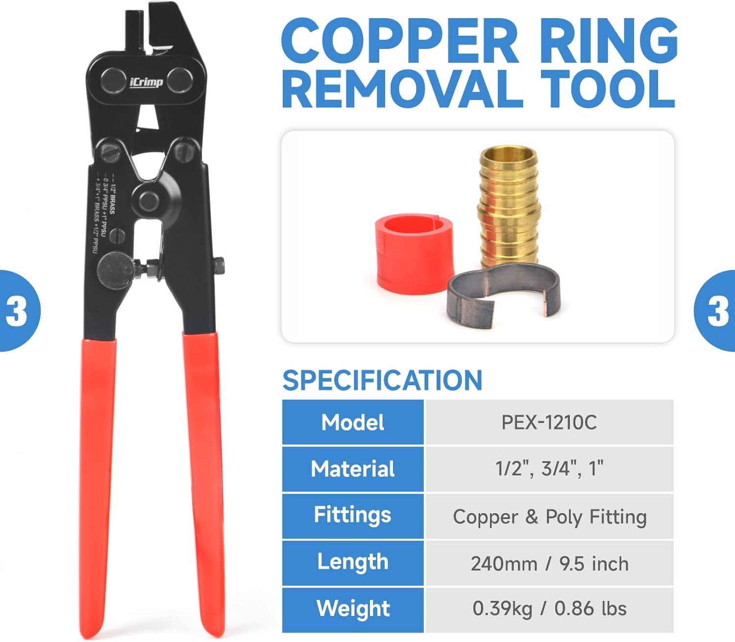 iCrimp IWS-1807CN PEX Crimping Tool Kit with PEX Crimpers, PEX Tubing Cutter, Copper Ring Removal Tool for 1/2’’ & 3/4’’ Copper Crimp Rings, Meets ASTM F1807 Standard - Image 4