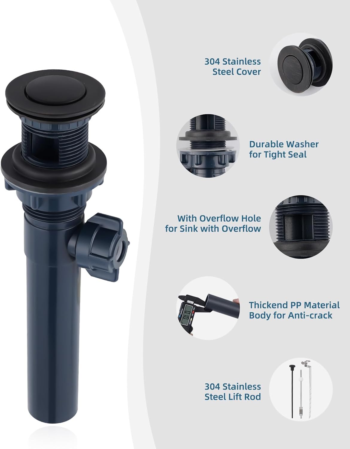 2PCS Bathroom Sink Drain with Lift Rod, Pop Up Sink Drain with Overflow, Universal Fit, Oil Rubbed Bronze Drain Stopper for Vessel Sink, Assembly for Bathroom Faucet Sink - Image 4