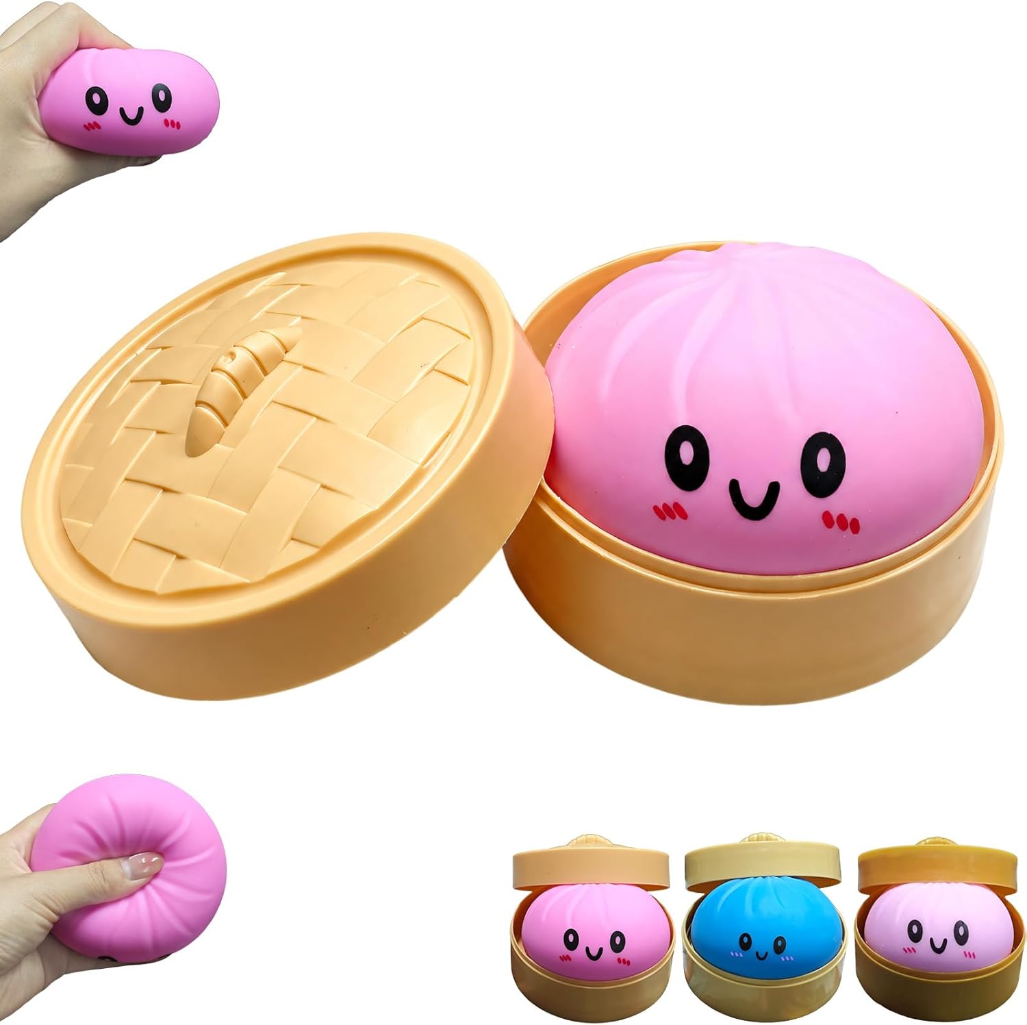 Dumpling Squishy Toy, Dumpling Squishy Mystery Box, Colorful Dumplings Stress Balls Fidget Sensory Toy, Squeeze Dough Ball Stress Relief Hand Toys with Food Steamer Stretchy Desk Toys (Pink)